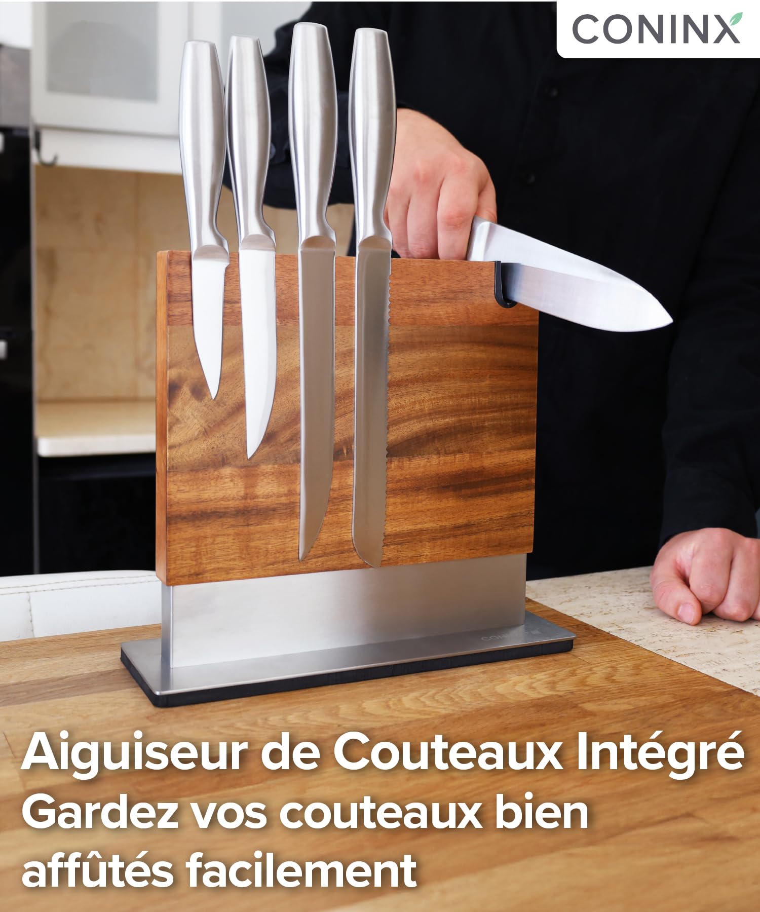 Coninx Bloc à Couteaux Magnétique avec Aiguiseur intégré – Porte-couteaux Aimanté Double Face en Bois d’Acacia – Support universel avec Base Antidérapante pour Plan de Travail de Cuisine