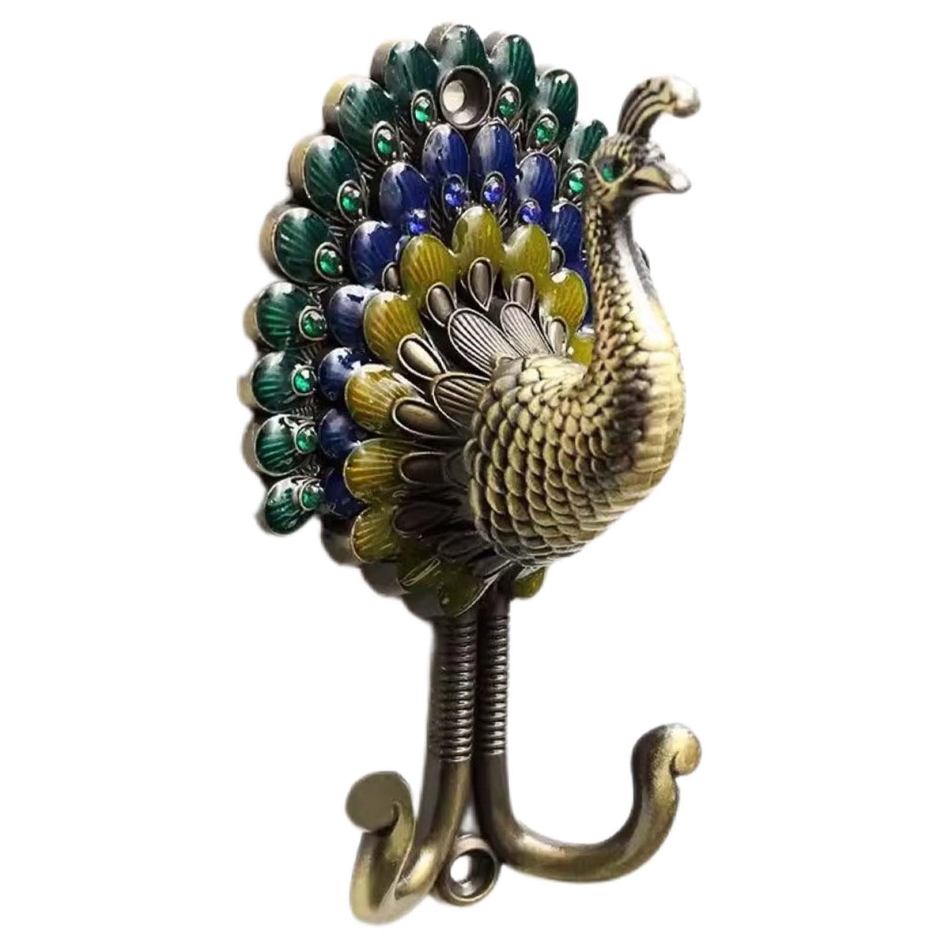 Faroby As Shown Decorative Hooks, Vintage Peacock Coat Hooks Wall Mount Aluminum Alloy Heavy Duty Double Prong Coat For Door