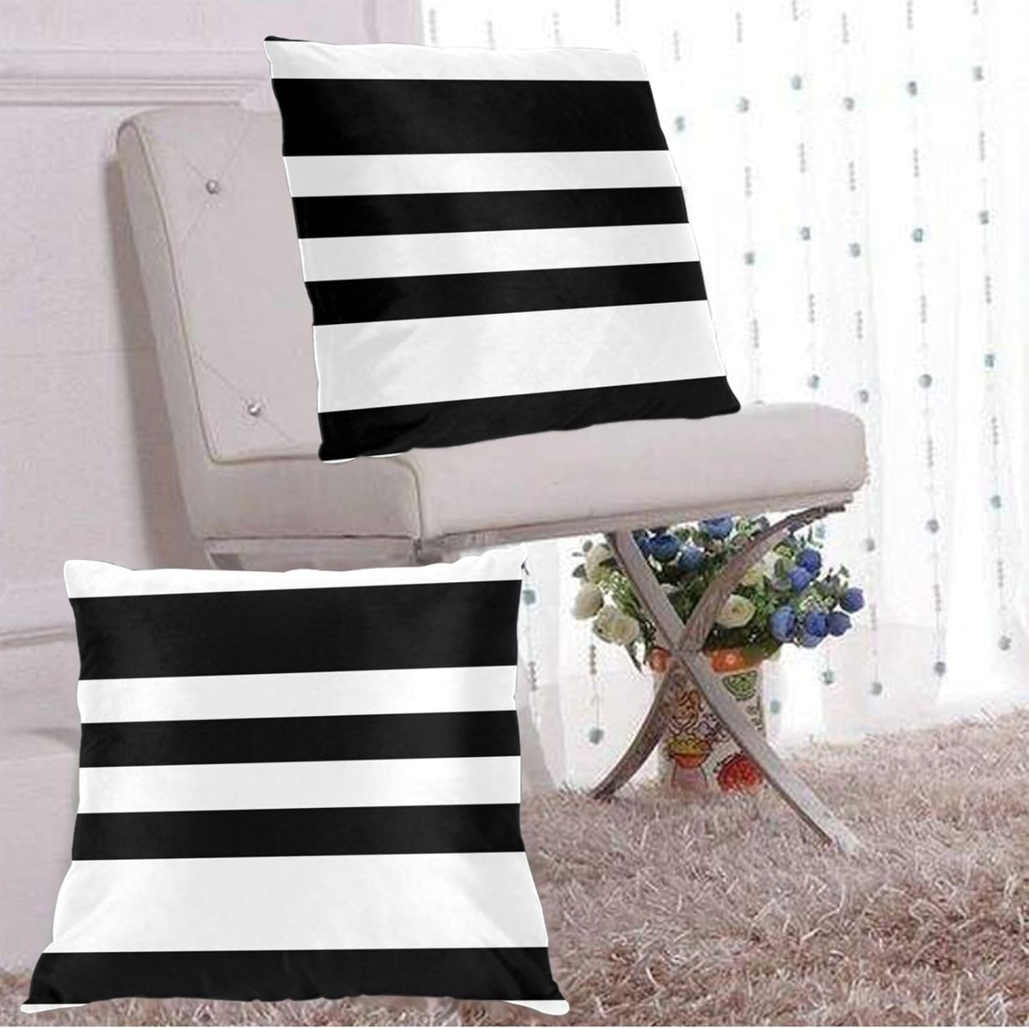 Stripes Black White Print Square Pillow Set of 2 Decorative Pillows Cushion Covers for Couch Chair Bedroom (Does Not Contain Pillow Core)