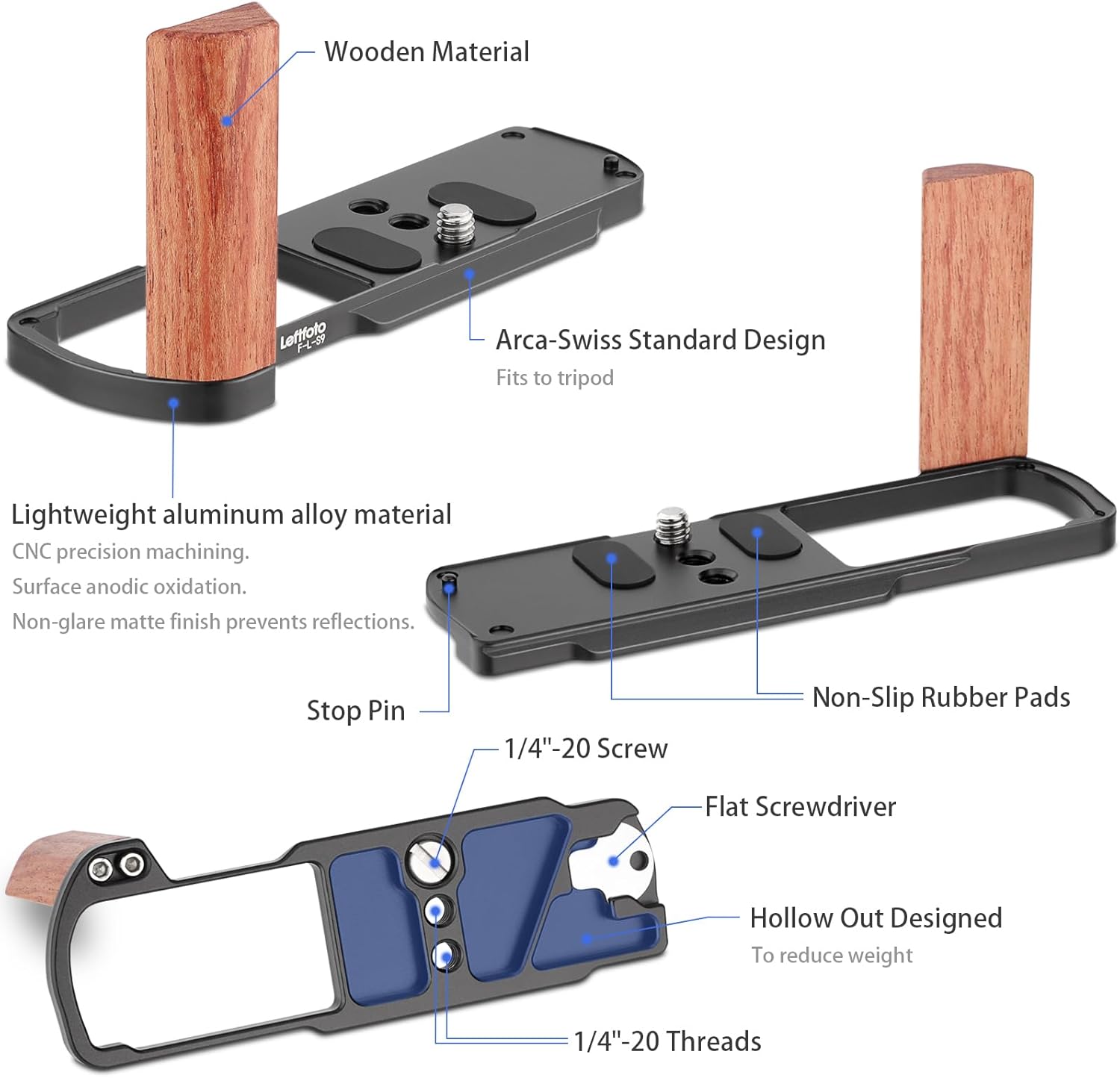 Leftfoto S9 Retro Handgrip L-Shape Bracket with Wooden Grip for LUMIX S9 Camera,with Built-in Bottom Arca Quick Release Plate,Black - Image 2