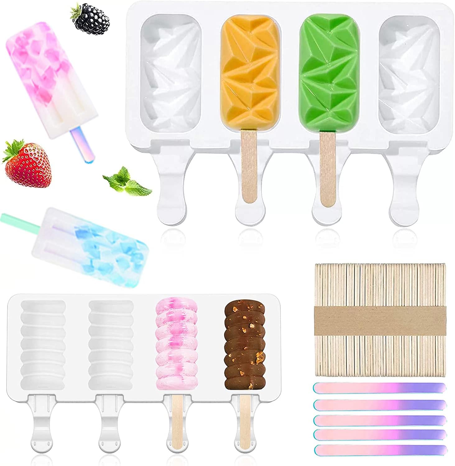 2 PCS 4 Cavity Reusable Ice Pop Mold Popsicle Ice Cream Mold Silicone Popsicle Molds, Summer Homemade Ice Cakesicle Mold for Kids, With 50 Pcs Wood Sticks &10 Pieces Reusable Mirror Ice Cream Sticks