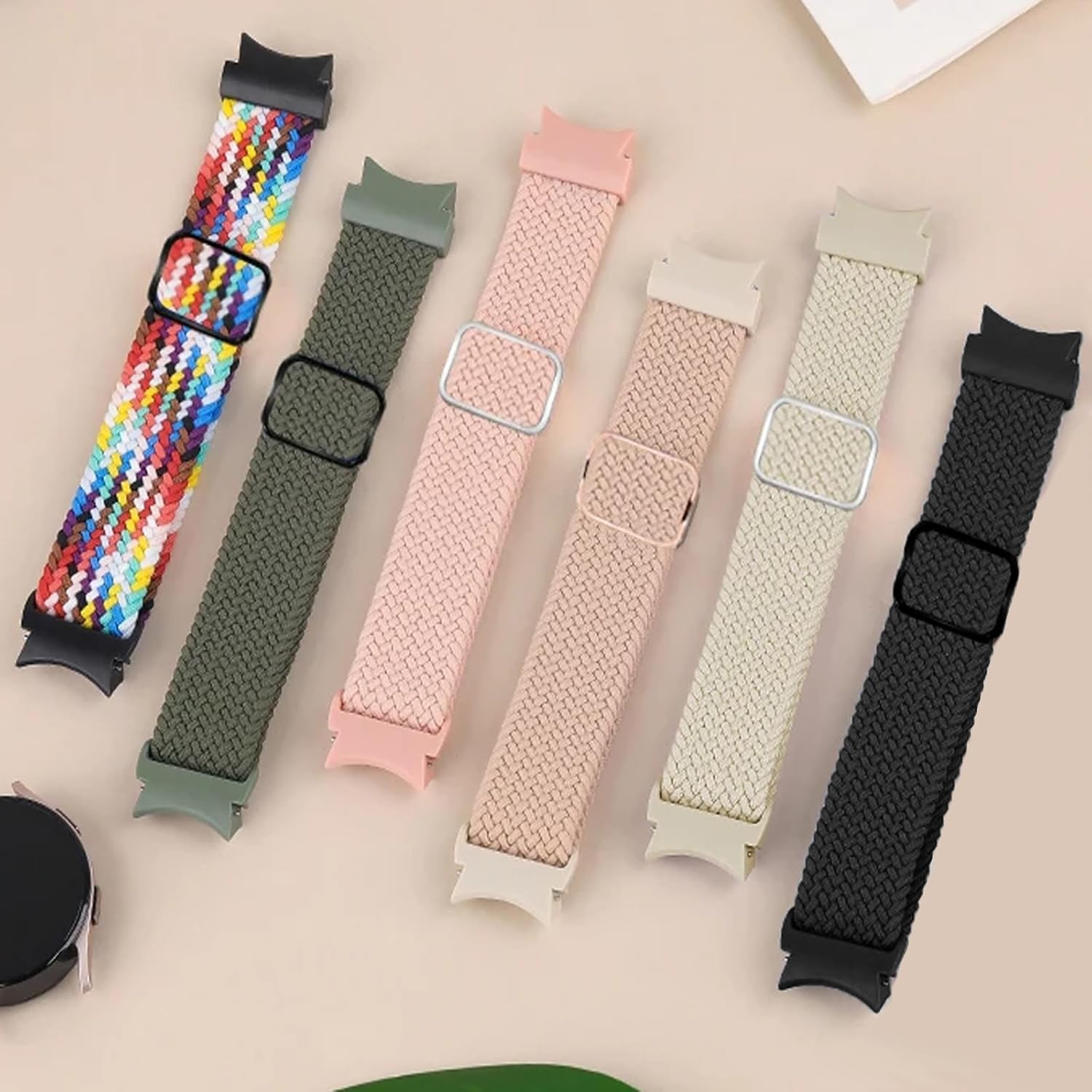 One Click Braided Bands for Samsung Galaxy Watch 7 6 5 4 Band 40mm 44mm/Watch 6 4 Classic 47mm 43mm 46mm 42mm/Watch 5 Pro 45mm,No Gap Stretchy Elastic Fabric Nylon Strap for Samsung Watch 4 5 6 7 FE