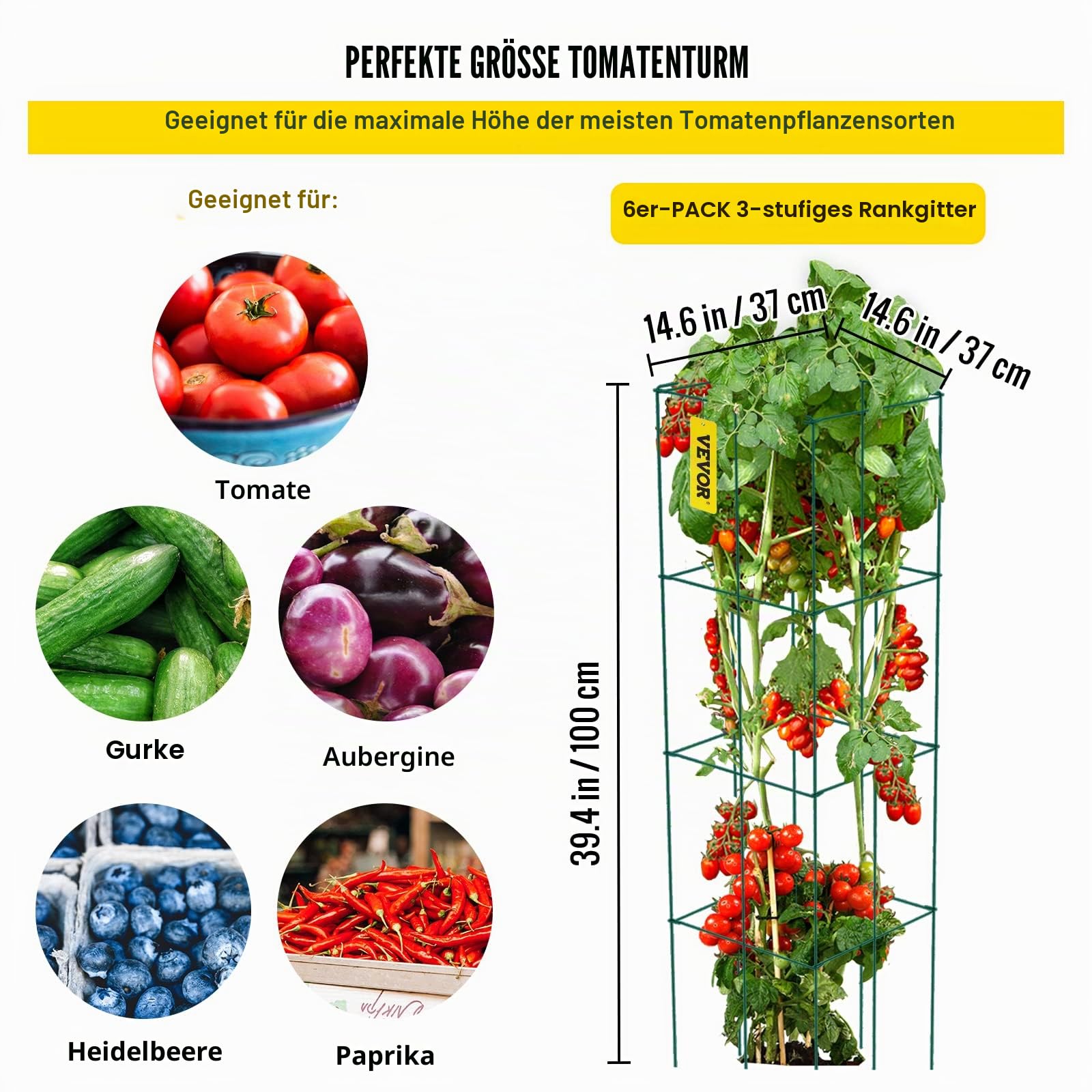 Tomatenkäfige, 37 x 37 x 100 cm, 6er-Set quadratische Pflanzenstützkäfige, robuste, grüne Tomatentürme aus PVC-beschichtetem Stahl zum Klettern von Gemüse, Pflanzen, Blumen und Früchten