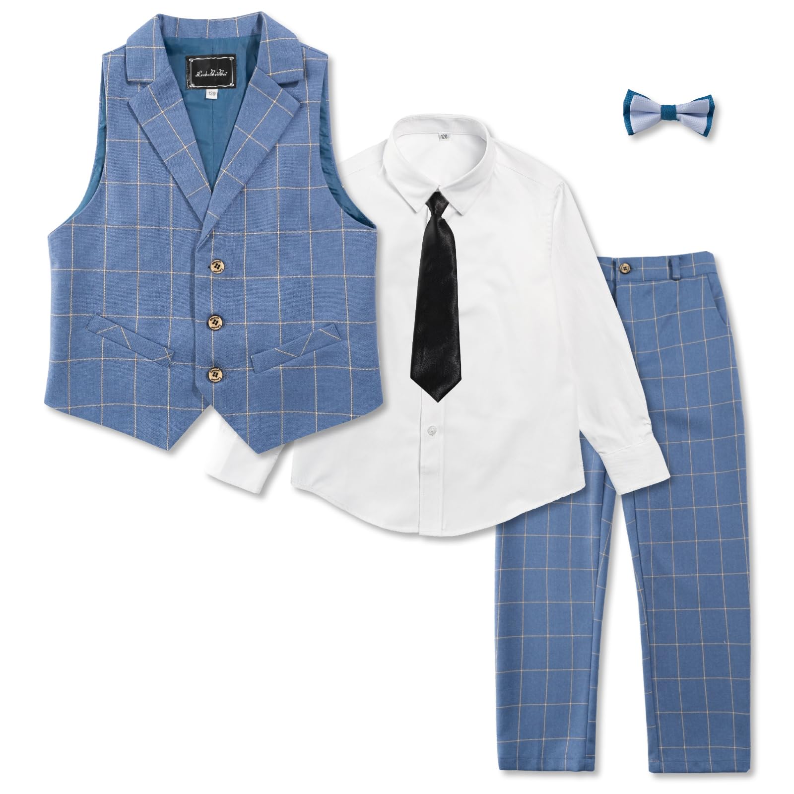 LOLANTA Traje Formal de 5 Piezas para niño, Traje de Caballero para Bodas, Cumpleaños, Fiestas, con Chaleco, Pantalones, Camisa, Corbata de Moño, Atuendos Formales