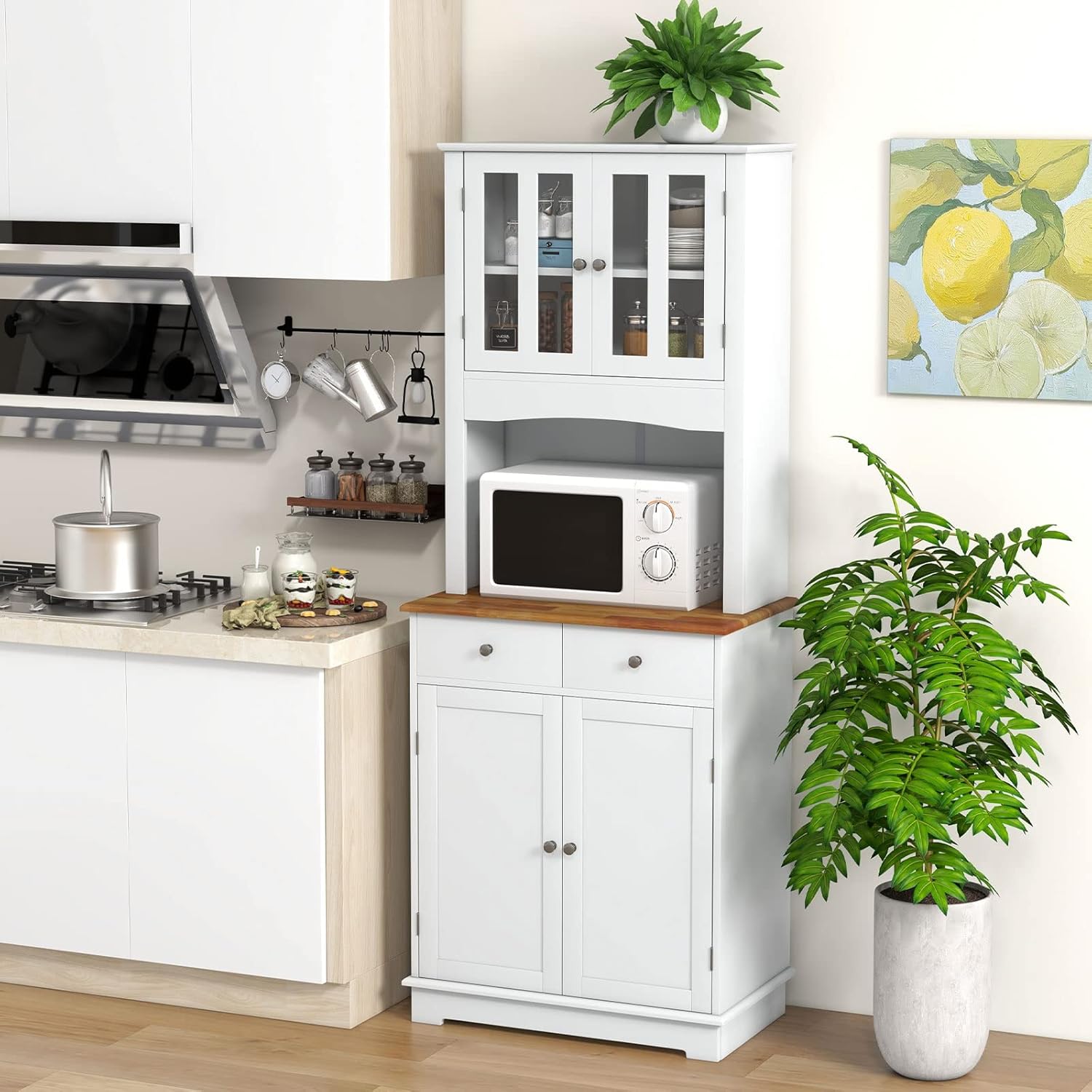 67” Kitchen Pantry Storage Cabinet, Wooden Buffet Hutch with Glass Doors, 2 Drawers, Adjustable Shelves, Tall Cupboard for Dining Room, Kitchen Hutch with Countertop, White
