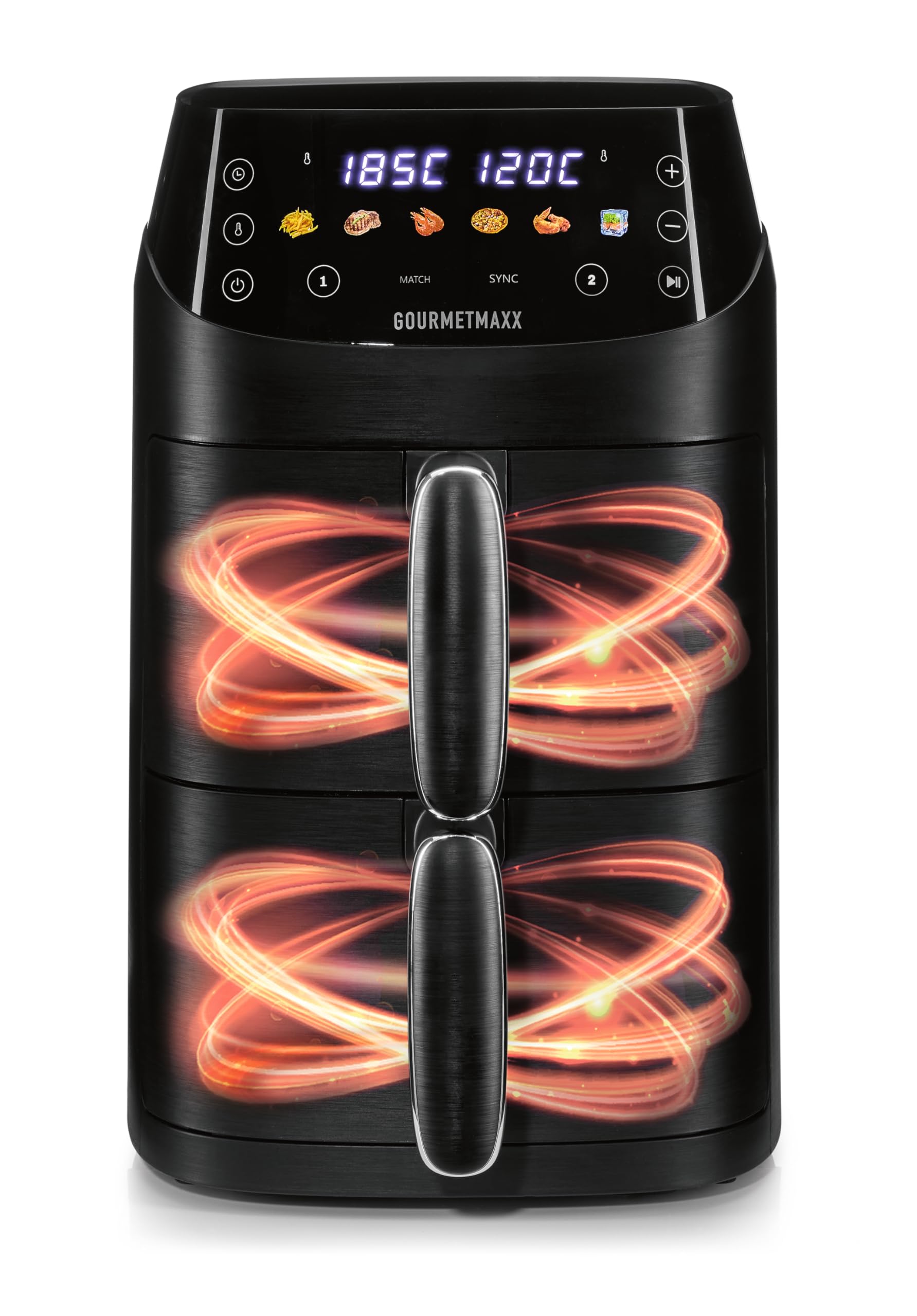 GOURMETmaxx FryUp Pionowa frytkownica na gorące powietrze z podwójną komorą XS, Airfryer z wyświetlaczem dotykowym MultiColour LED, 2 komory, pojemność 5 l (2 x 2,5 l), podwójna komora, 2 poziomy