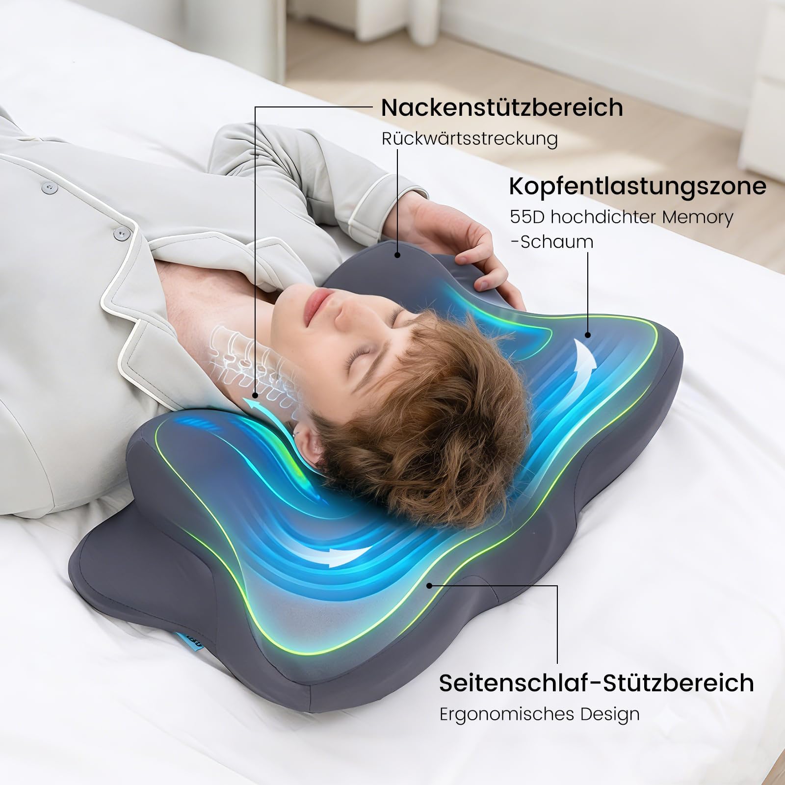 Nackenkissen Kopfkissen, Ergonomisches Memory-Schaum Kissen mit Kühlung, Abnehmbarer Bezug, für Seiten-, Rücken- und Bauchschläfer, Grau