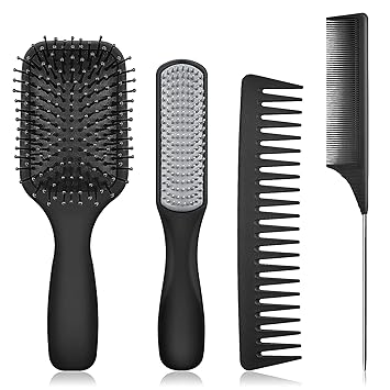 Hair Brush Set For Women Men Comb Set For Hair Styling Paddle Brush Nine Row Styling Brush Wide Tooth Comb And Tail Comb Detangling Brush For Dry Wet Long Thin Curly Natural Hair-4pcs(Black)