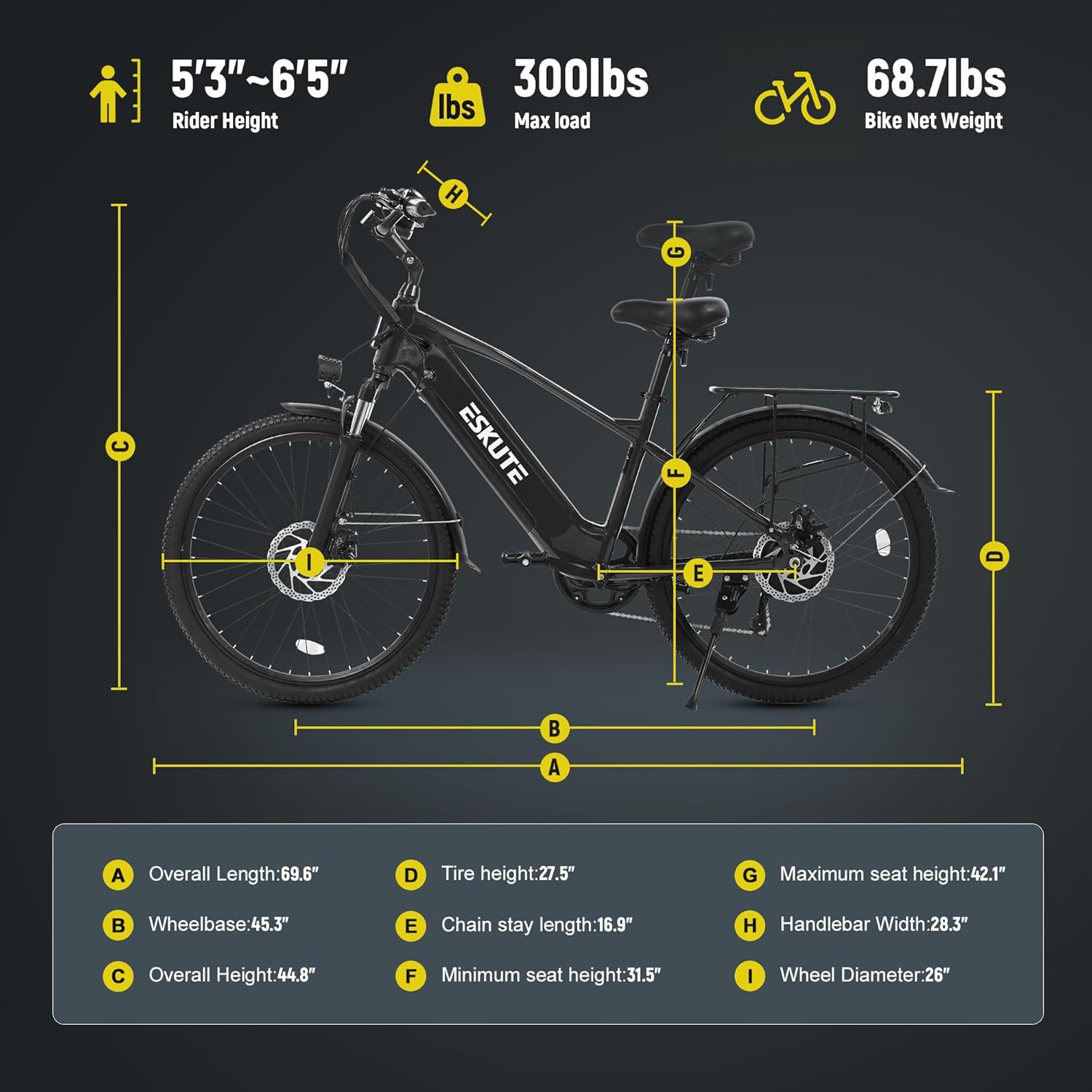 ESKUTE 70Miles 840 WH Removable Battery e-Bike, Electric Bike for Adults-1300w Peak Ebike, 28MPH Step Over Electric Bicycle, 7-Speed 26'' tire, Adjustable Stem,