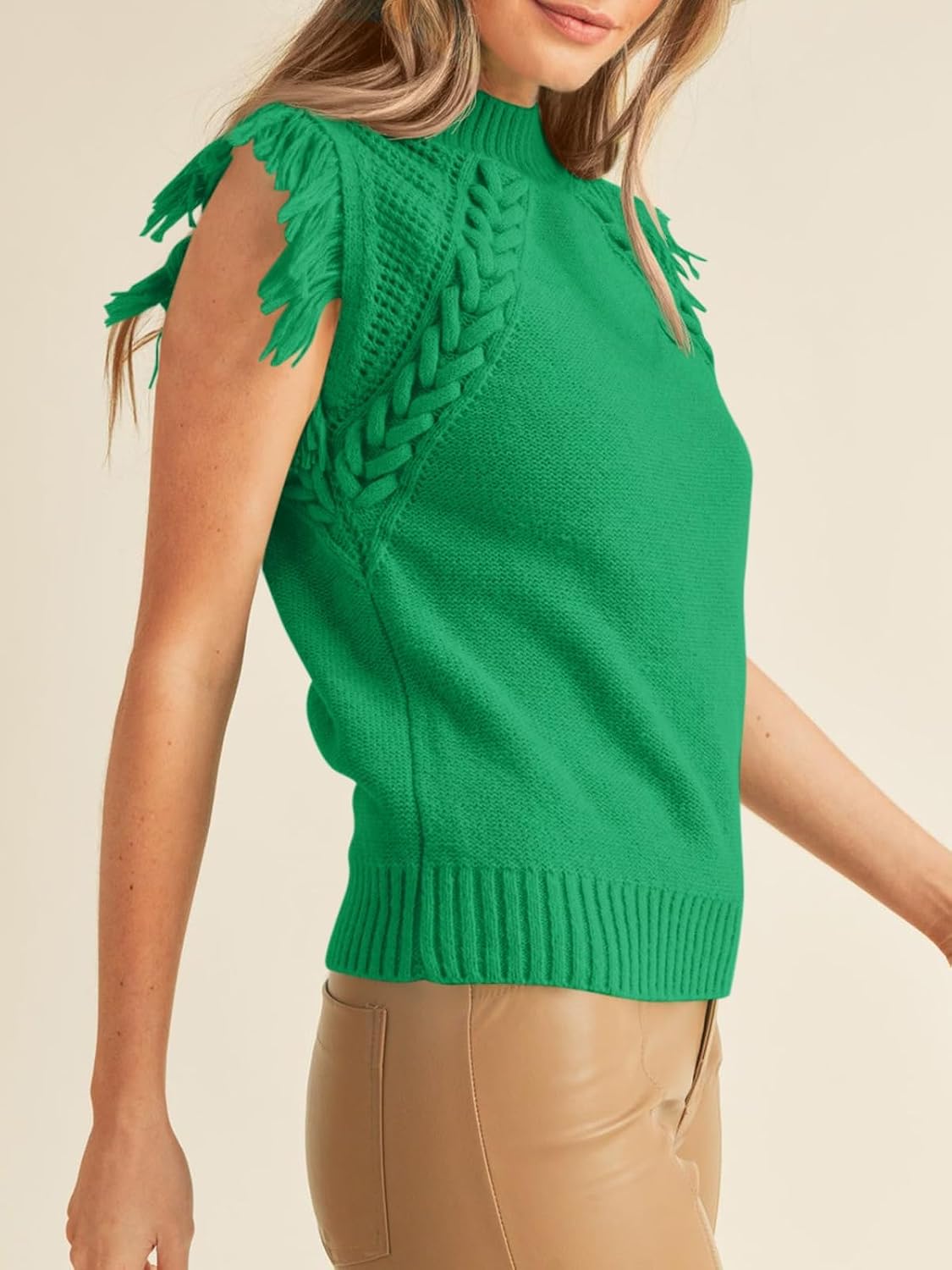 Womens Summer Sleeveless Sweater Vest 2025 Mock Neck Cable Knit Fringe Cap Sleeve Boho Trendy Pullover Tank Tops