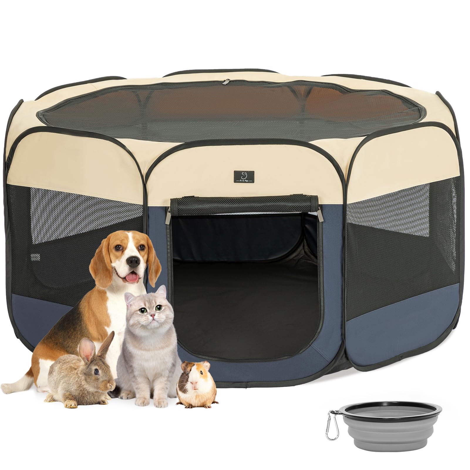 a4pet dog playpen indoor, 49" portable pet playpen for medium dogs/puppy/cat/rabbit/chick, indoor cat playpen with waterproof bottom & removable zipper
