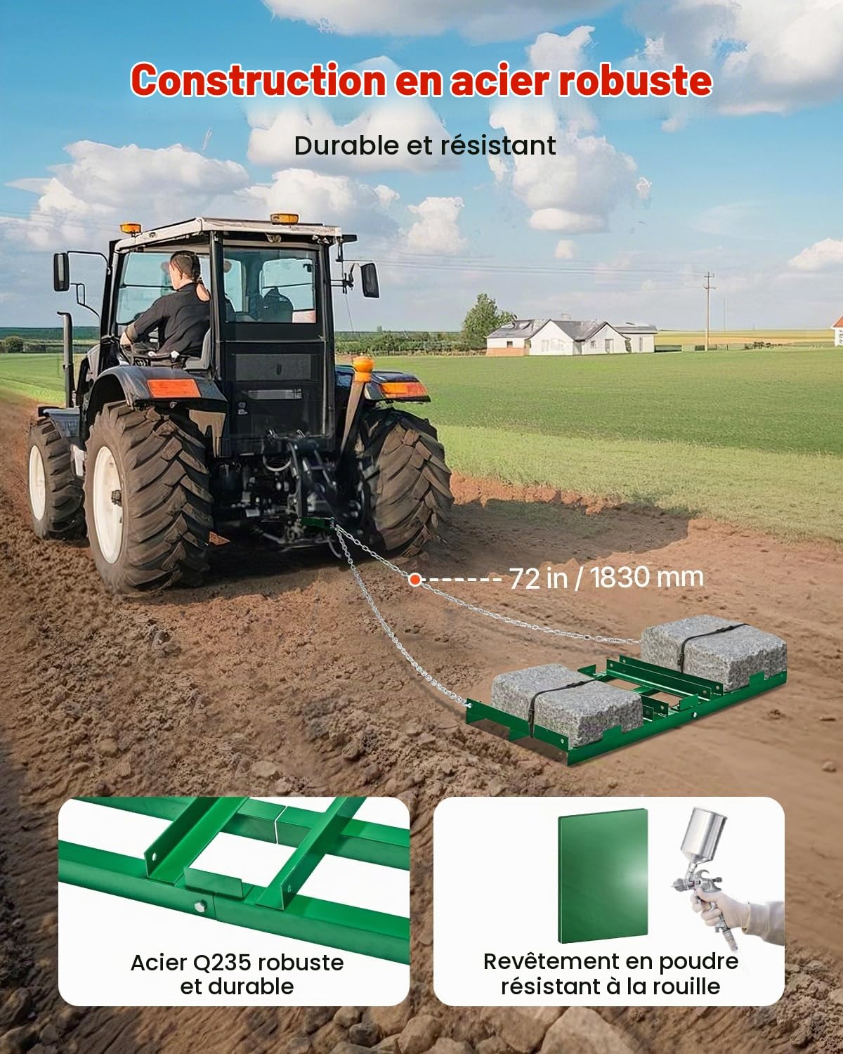 VEVOR Herse Traînée 1220 x 500 mm Râteau Niveleur Remorquable d'Allée avec Barres et Chaîne 1830 mm, Niveleuse d'Allée de Gravier, Outil de Nivellement, pour VTT, UTV, Tracteur de Pelouse de Jardin