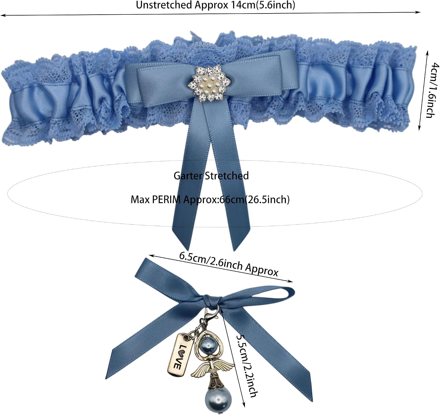 Something Blue Wedding Garter Set for Bride, Lace Bridal Garter with Bouquet Charm and Pearl Decor