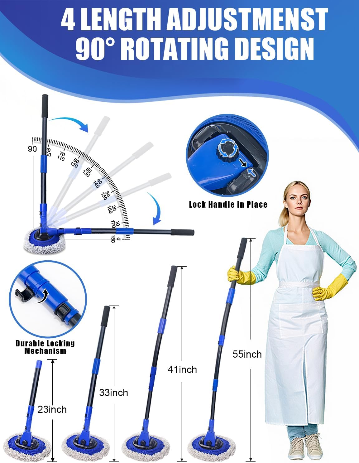 15°Curved Car Wash Brush with Long Handle Kit, 55-Inch 4-Section Extendable Pole with Replacement Head, Chenille Mitt, Tire & Wheel Hub Brushes, Towel, Storage Bag for Car, RV, Truck [Scratch Free]