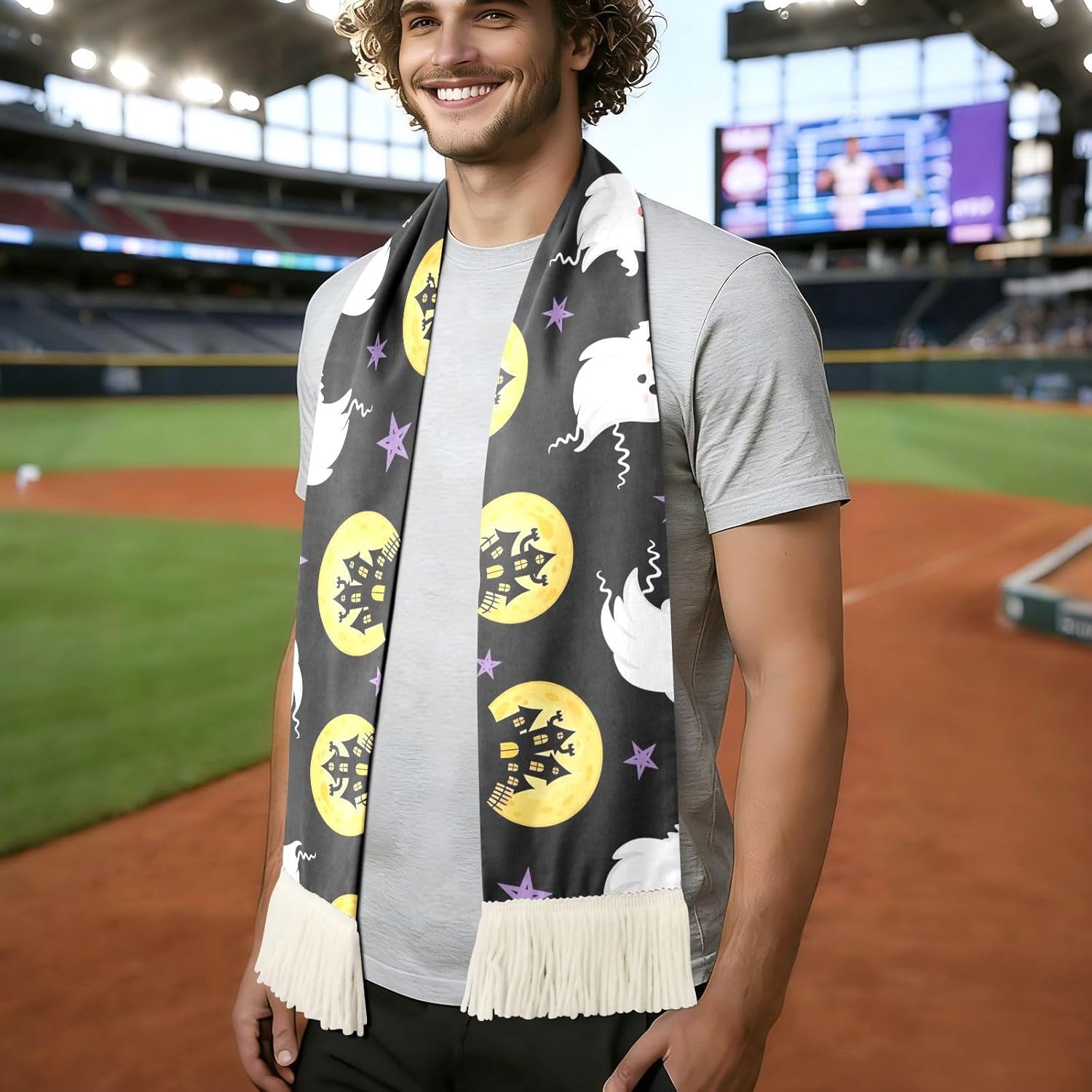 CHIFIGNO Cute Halloween Black Sports Fan Scarf Towel, Soft Polyester Cheering Scarf for Soccer Games, Quick Dry Sweat Absorbent Rally Towel