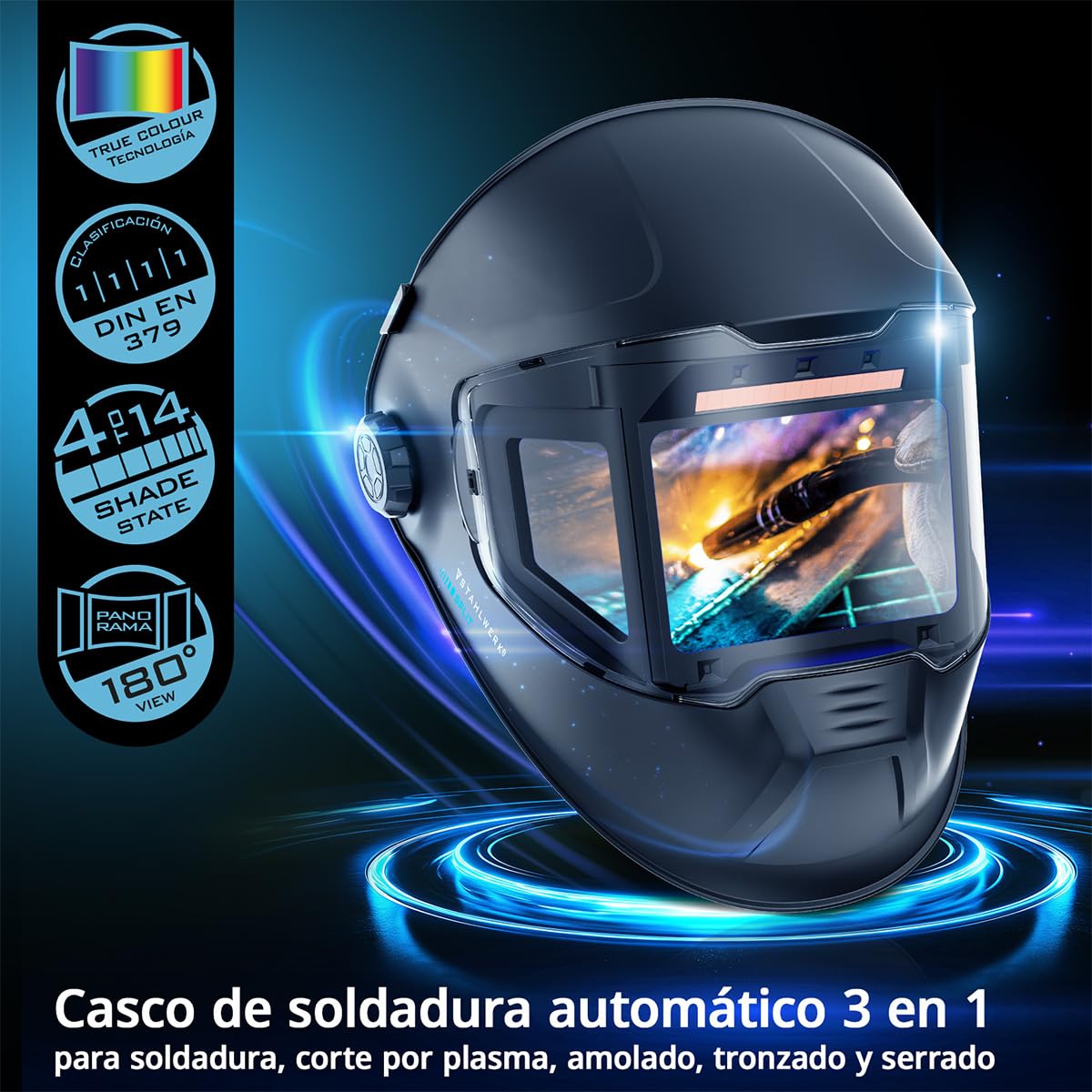 STAHLWERK Casco de Soldadura automático 3 en 1 Split – True Colour, oscurecimiento automático DIN 4-14, Clase óptica 1/1/1/1, Memoria de Trabajos, Campo de visión de 180° 116 x 81 mm, máscara