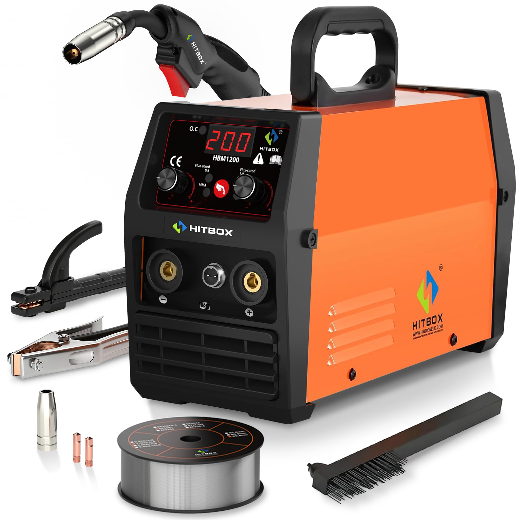 HITBOX 3 en 1 Soldador de Hilo Sin Gas 130A 230V Digital Portátil Digital Soldador MIG ARC LIFT TIG inversor soldadores con Antorcha & 0.8mm Núcleo de Flujo, Ideal para Soldadores Principiantes | Pantalla Digital, MIG/ARC/Lift TIG, Inverter, Incluye Antorcha e Hilo Animado 0.8mm