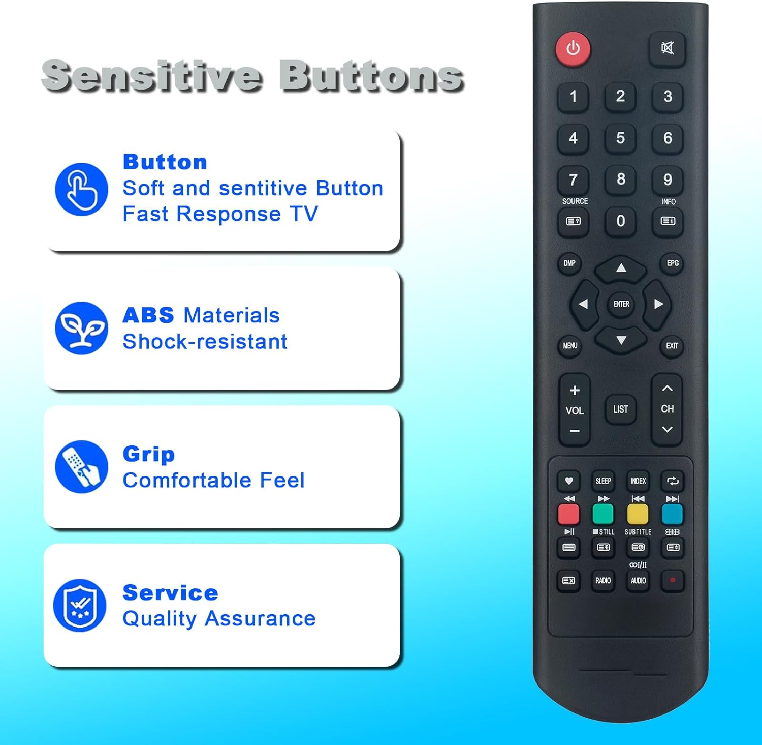 VINABTY Remote Control highlighting sensitive buttons and features