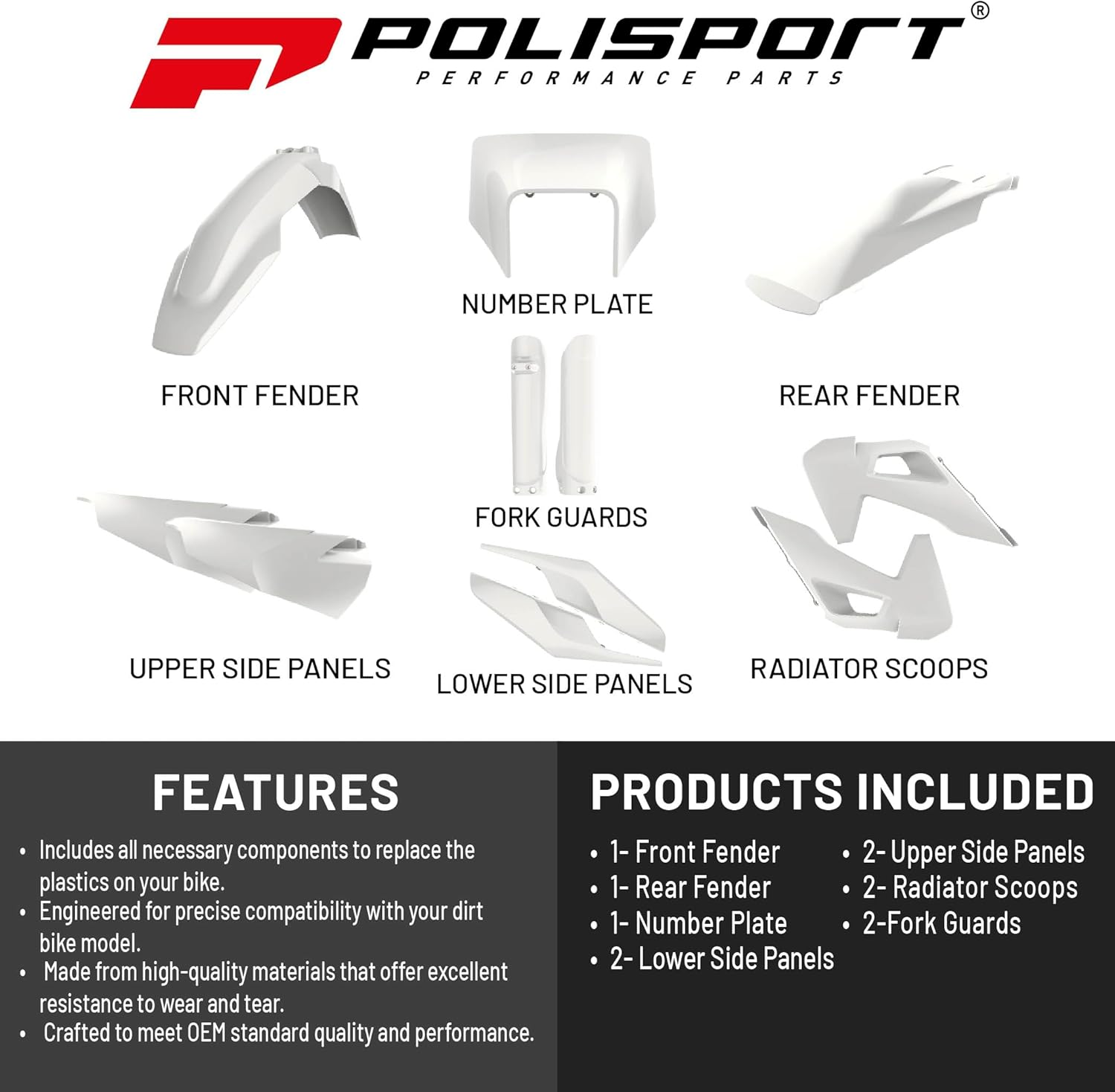 Polisport Motocross (MX) Replica Plastic Kit for Husqvarna TE & FE (2020-2023) Dirt Bike – OEM Quality, Durable, Flexible & Perfect Fit – White