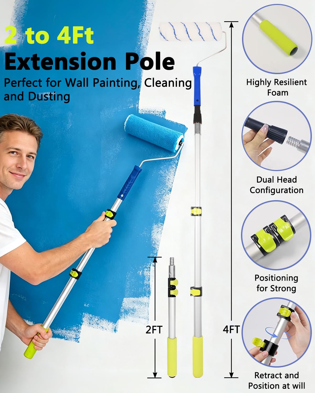 Set di 31 rulli da pittura con asta di estensione da 0,6 a 1,2 m, rulli da 22,9 cm e 10,2 cm e vassoi da 22,9 cm, per pareti e soffitti, kit professionale per pittura domestica con pennelli