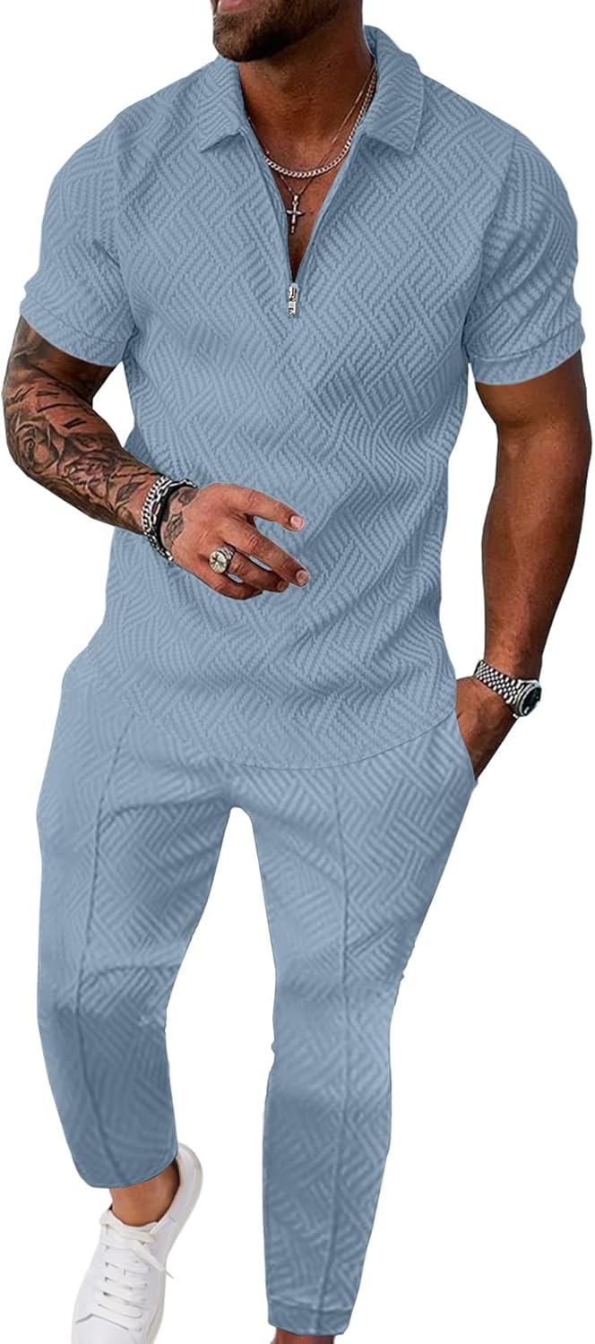 UOUA Mens Sweat Suits Set Tracksuit 2 Piece Outfits Short Sleeve Casual Sweatshirt & Loose Jogging Pants