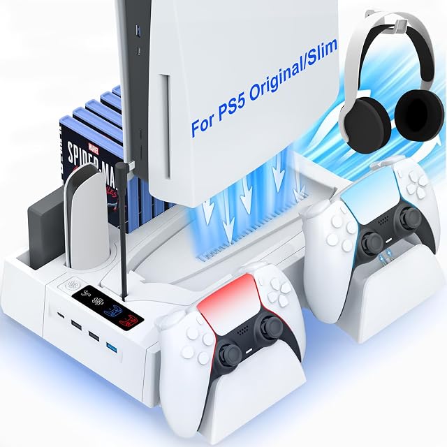 PS5 Slim Cooling Station for PS5 Disc Digital PS5 Cooling Stand with Dual Controller Charging for PlayStation 5