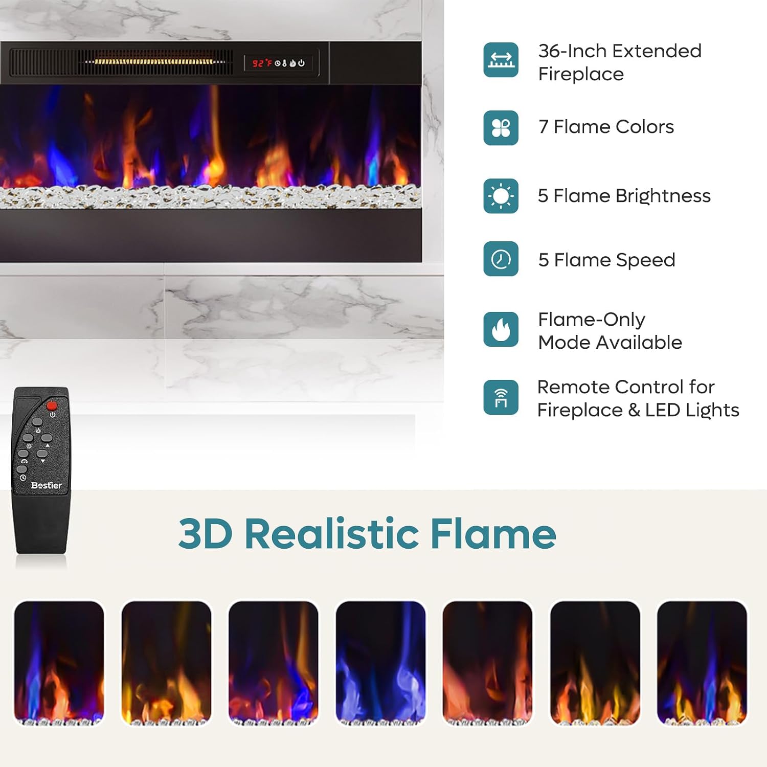 Detailed view of the Bestier electric fireplace's 3D realistic flame effects, showing 7 flame colors, 5 brightness levels, 5 speed settings, and flame-only mode, controlled by a remote.