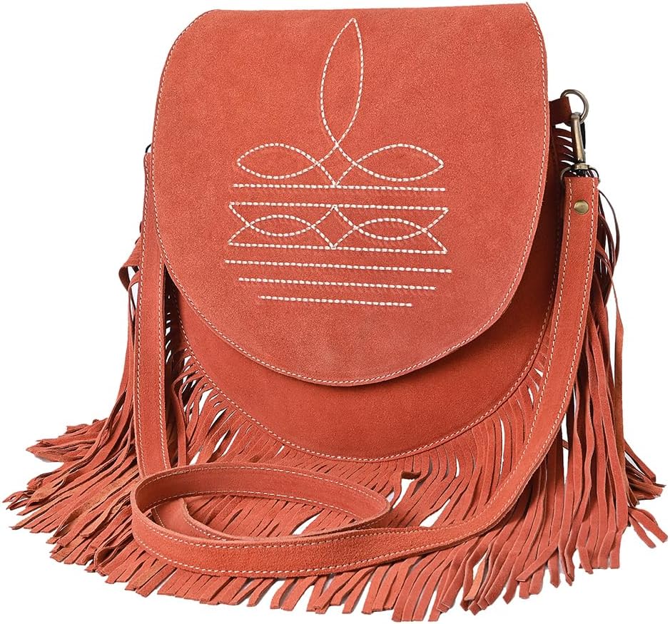 American Darling Boot Stitched Genuine Suede Leather Messenger Bag Genuine Western Fringe Crossbody Purse with YKK Zipper