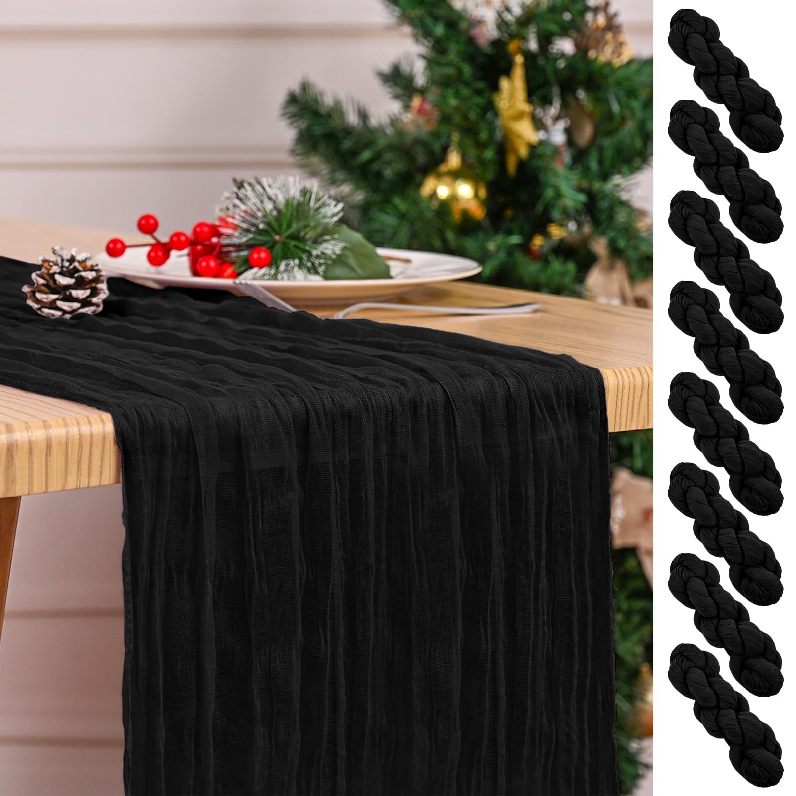 8 Pack Black Table Runner 17 x 108inch Cheesecloth Table Runner Boho Gauze Table Runners for Dining Table Rustic Sheer Fabric Table Runners for Wedding Party Bridal Shower Spring