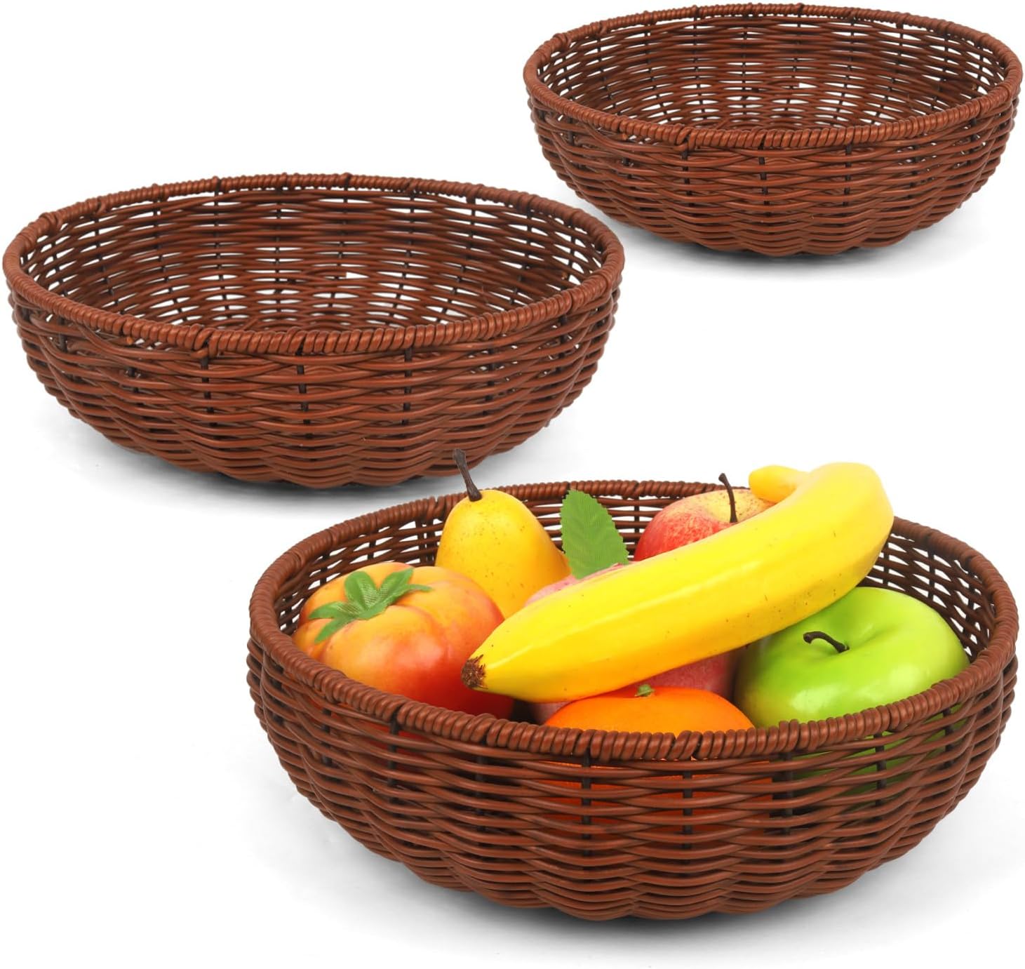 Imitation Wicker Bread Basket, 3 Pack Woven Rattan Basket Round Woven Baskets Woven Breads Baskets For Serving Vegetables, Kitchen, Restaurant, Outdoor, 3 Sizes (Brown)