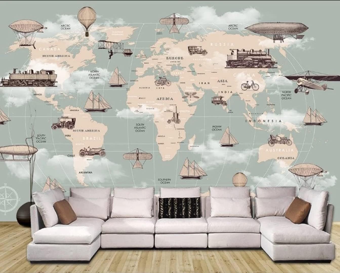 Children Eellipse World Maps Transport Vehicles Peel and Stick Wallpaper Wall Removable 100''H x 150''W