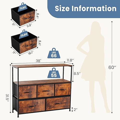 DUMOS TV Stand Dresser for Bedroom with 5 Fabric Drawer,Entertainment Center for 45 inch Television, Media Console Table with Storage, Open Shelf, Adjustable Feet, Living Room Furniture, Black(5 Fabric Drawers-rust,11.8"D x 39.4"W x 31.9"H (5 Drawers))