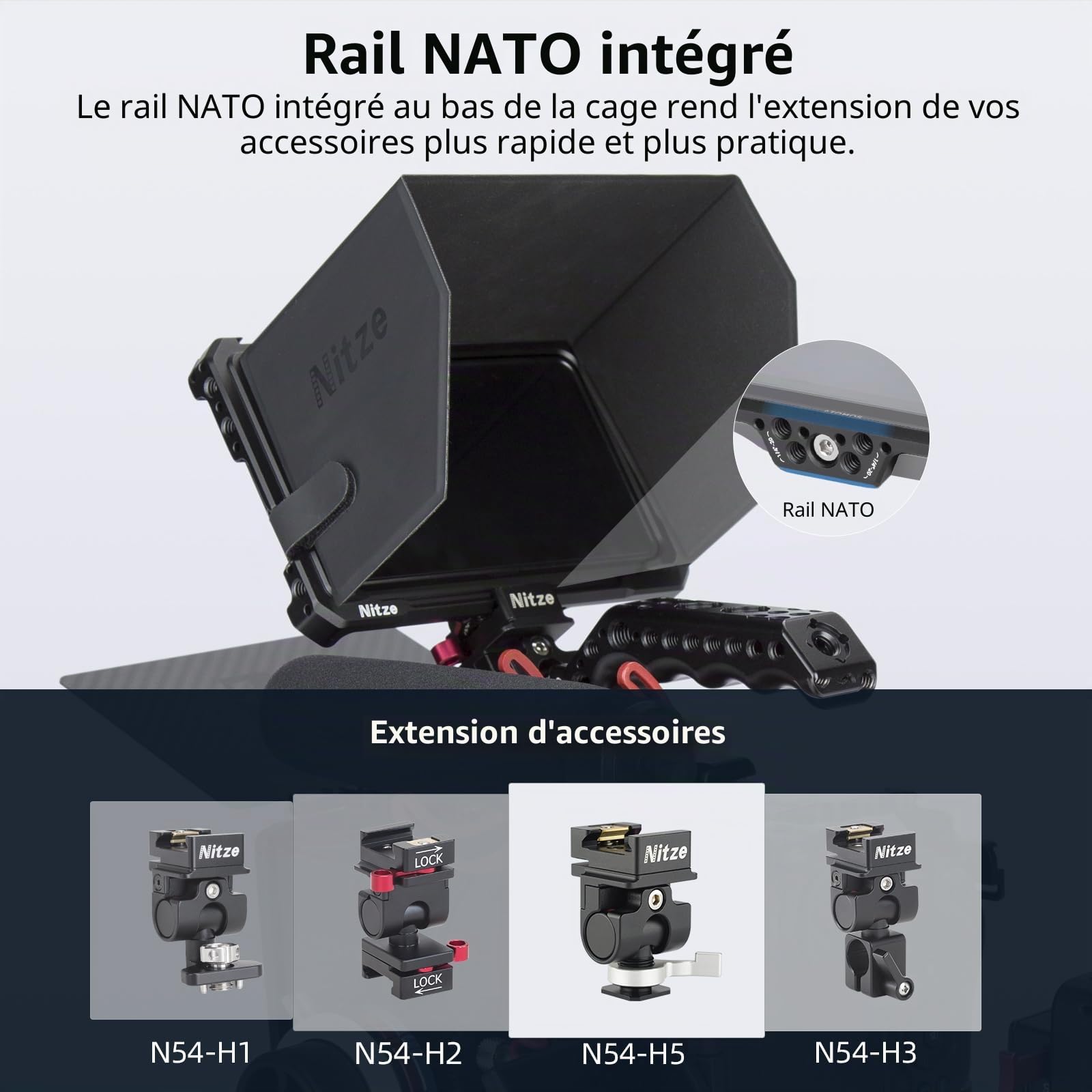 Nitze Shinobi 2 Cage, Cage pour Moniteur Atomos Shinobi II avec Cold Shoe Intégrée, NATO Rail et Pare-Soleil en Cuir PU - JT-A06B
