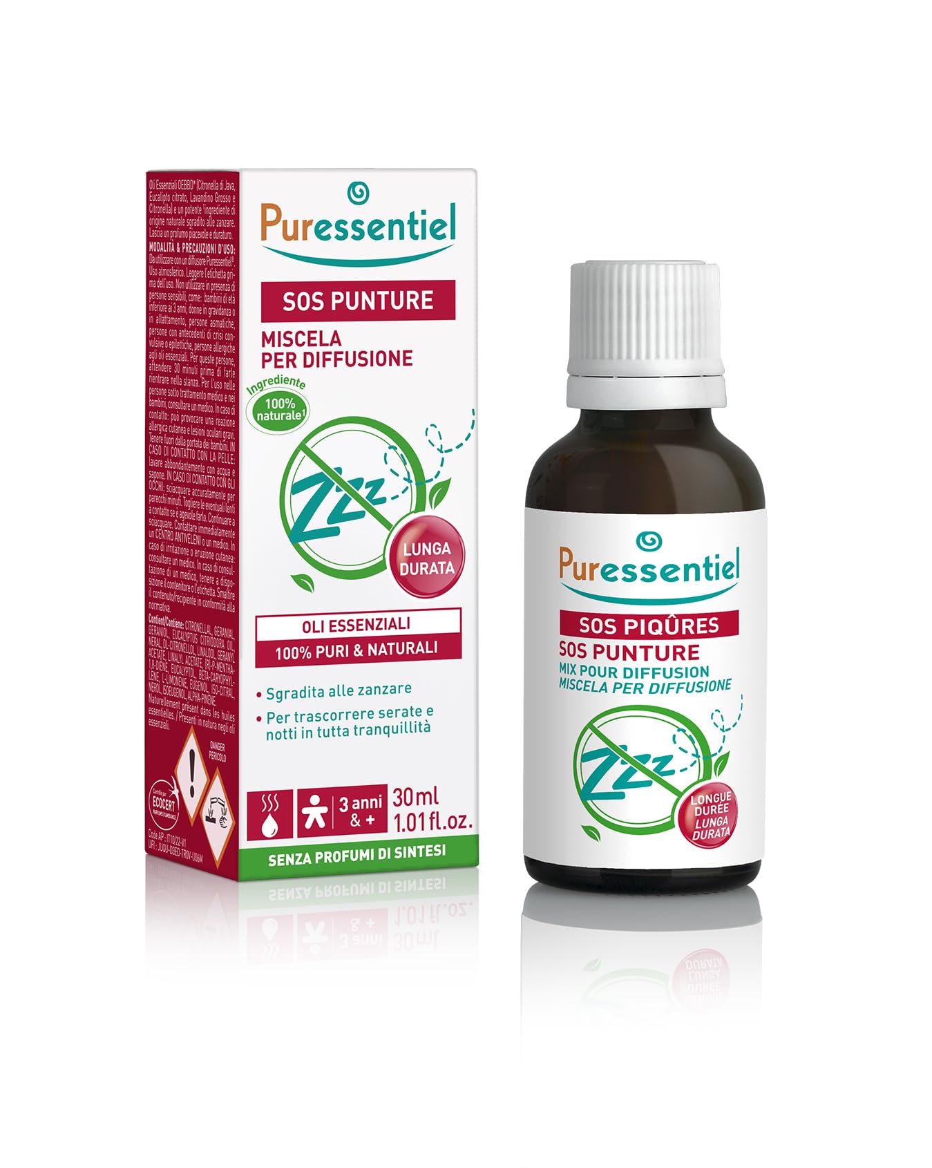 Puressentiel – SOS PUNTURE – Oli Essenziali per Diffusione – 100% puri e naturali – Sgraditi alle zanzare – Lunga durata – Profumo piacevole e duraturo – Ideale per serate estive – 30 ml