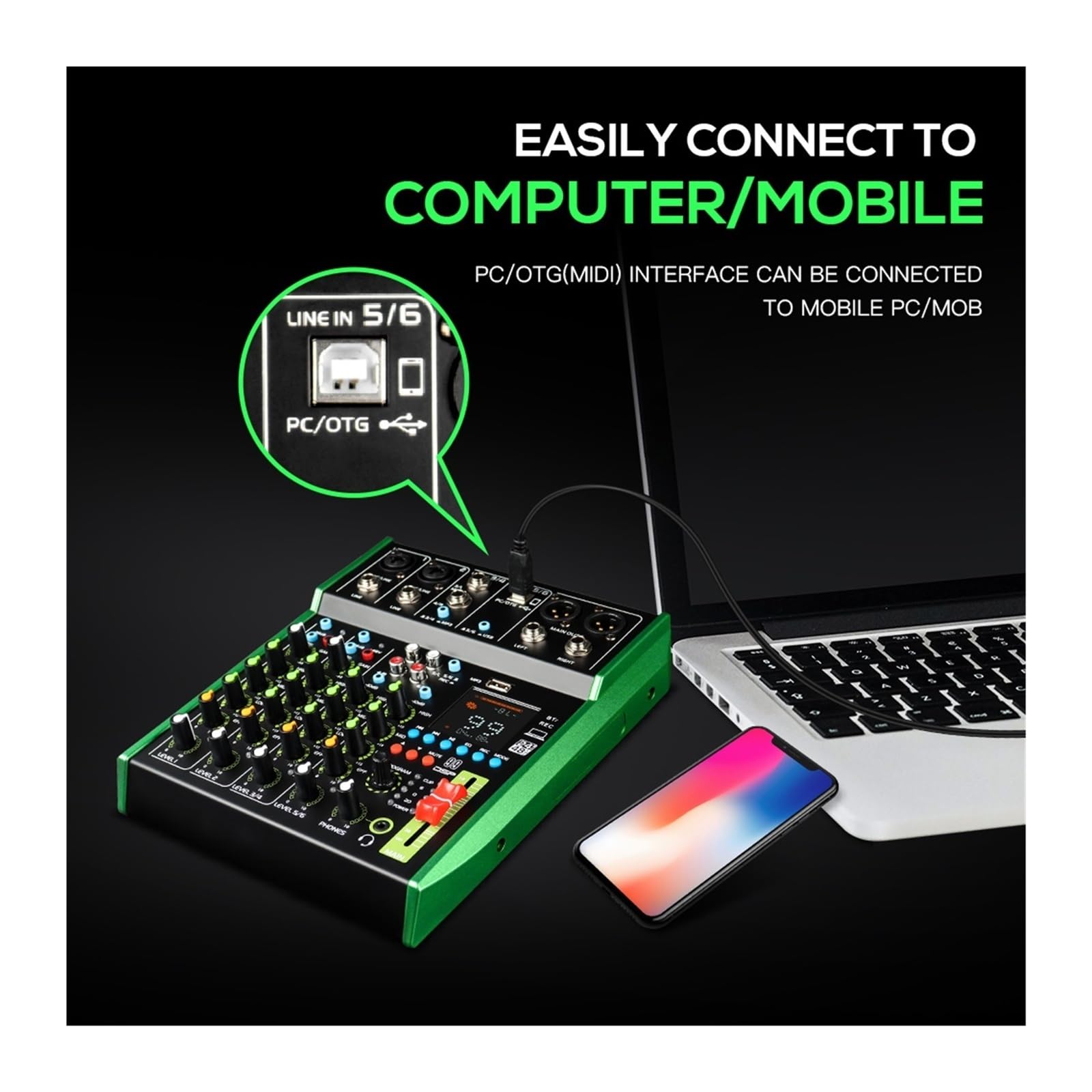 Mezclador de audio, Mezclador de 6 canales, función tarjeta grabación integrada, Bluetooth, reproducción USB, ecualizador 3 etapas, 99 efectos mezcla, consola mezcladora