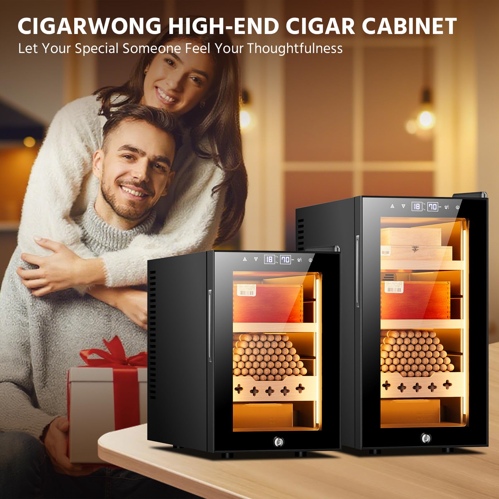 Elektrischer Zigarren-Humidorschrank mit kühlender Temperaturregelung und Feuchtigkeitskontrollsystem, Regale und Schublade aus spanischem Zedernholz, große Kapazität, Humidor-Geschenk für Männer (16L