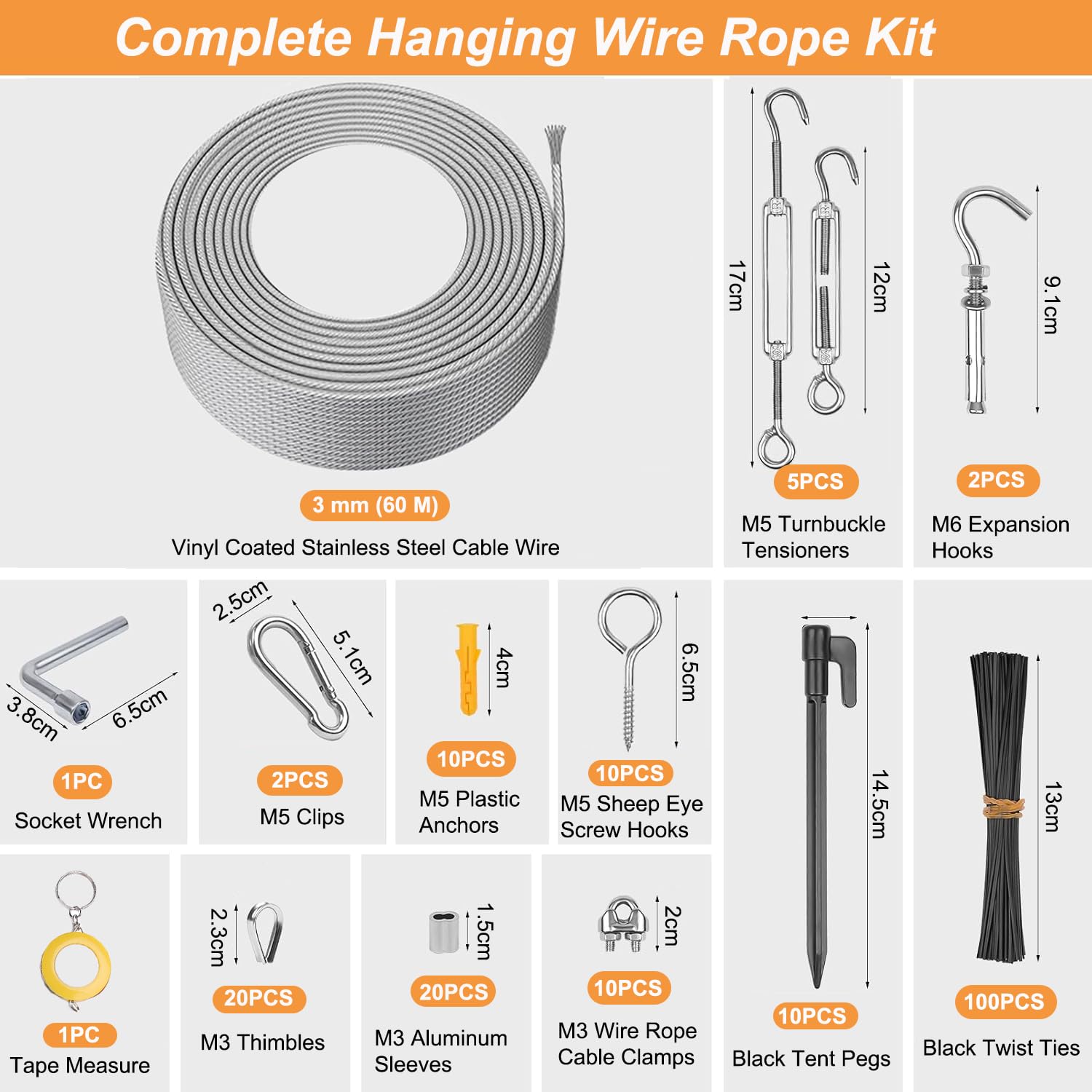 Kit di cavo acciaio da 60 m, funi metalliche in acciaio inox da 3 mm con tenditori M5, funi di sospensione rivestite in vinile per luci a filo da esterno, campeggio, tralicci da giardino