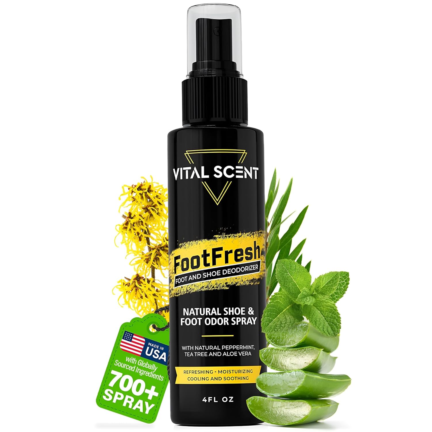 VITALSCENT Heavy Duty Foot & Shoe Odor Spray - Extra Strength Mint Deodorizer with Witch Hazel, Tea Tree Oil for Smelly Feet & Work Boots