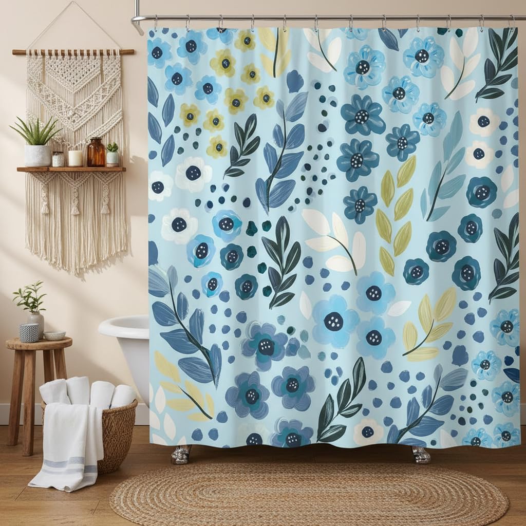 DYNH Cute Blue Floral Shower Curtain for Bathroom Decor, Boho Abstract Flower Leaves Wildflower Art Printed Vintage Cottagecore Elegant Waterproof Fabric Polyester Shower Curtains with Hooks,72X75IN
