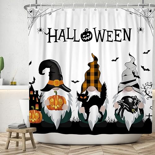 Miniatura 7 de DASHAN Cortina de ducha de gnomos de Halloween, cortinas de ducha espeluznantes de calabaza y gatos, cortinas de baño para baño, murciélagos negros