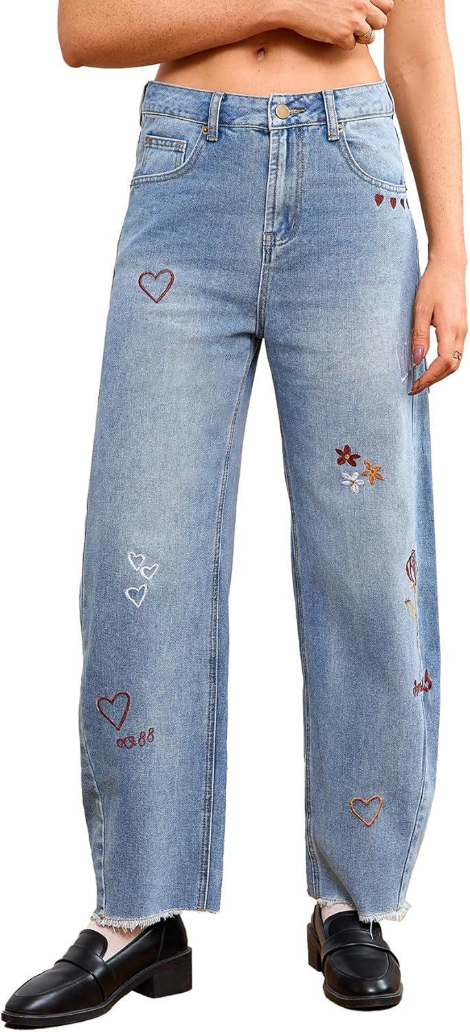 Women Valentines Day Pattern Embroidered Barrel Jeans Wide Leg Mid Rise Baggy Boyfriend Y2K Denim Pants with Pockets
