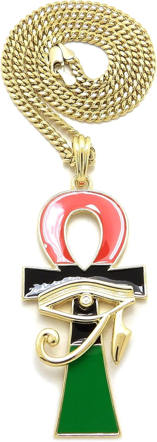 Eye of Horus on Pan African Color Ankh Pendant 16"/18"/20"/24" Box, Cuban, Rope Chain Necklace in Gold or Silver Tone