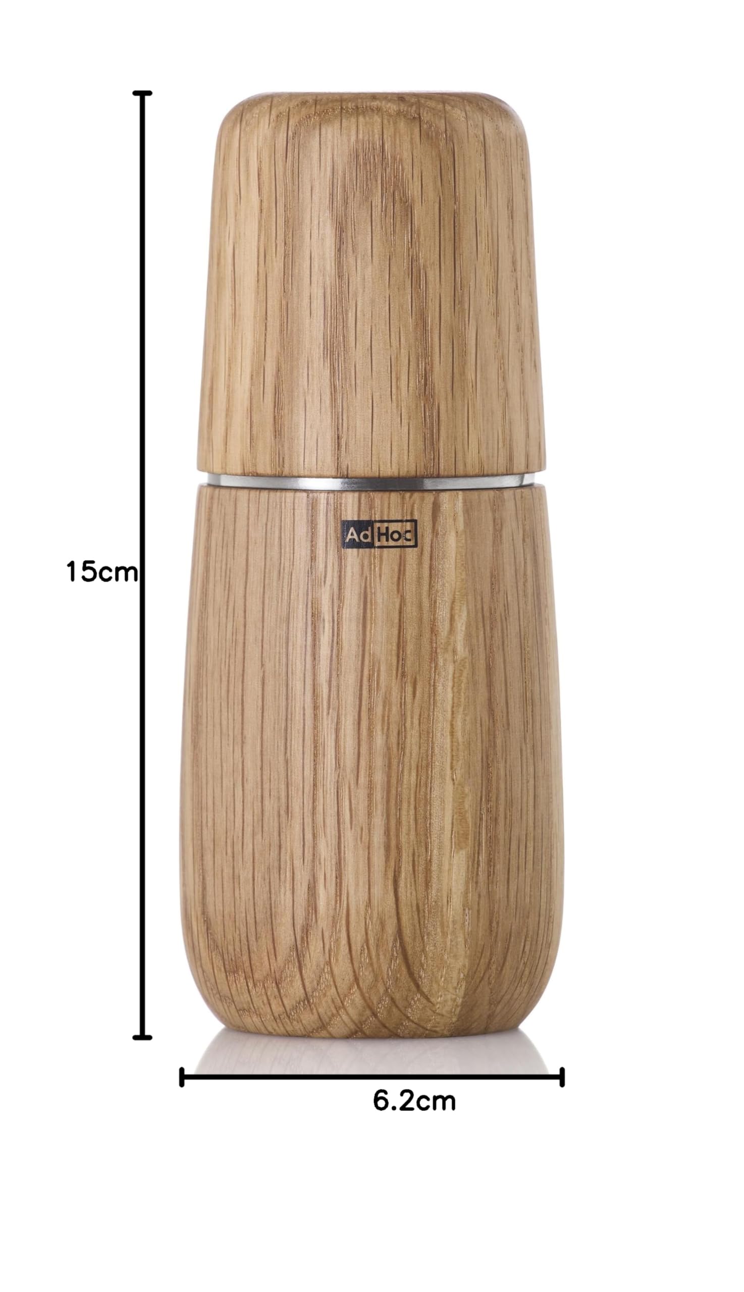 AdHoc Yono Gewürzmühle 15 cm – manuelle Mühle aus Eichenholz, geölt (hell) – Keramikmahlwerk stufenlos einstellbar – Premium Holzmühle für Salz und Pfeffer – Elegantes Design für Küche und Tisch