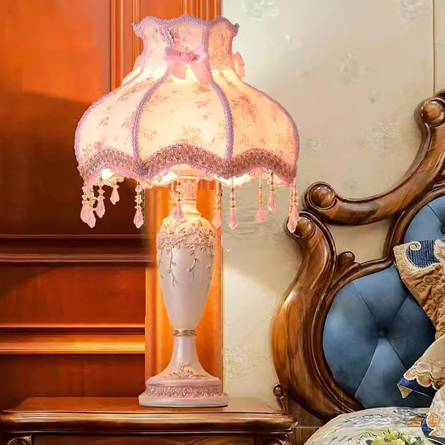 Vintage Pink Table Lamp,Victorian Style Table Lamp with Lace,Princess Bedside Lamps,Pleated Fabric Shade Desk Lamp,Antique Flower Night Light for Bedroom Nightstand Decorative Table Lamp