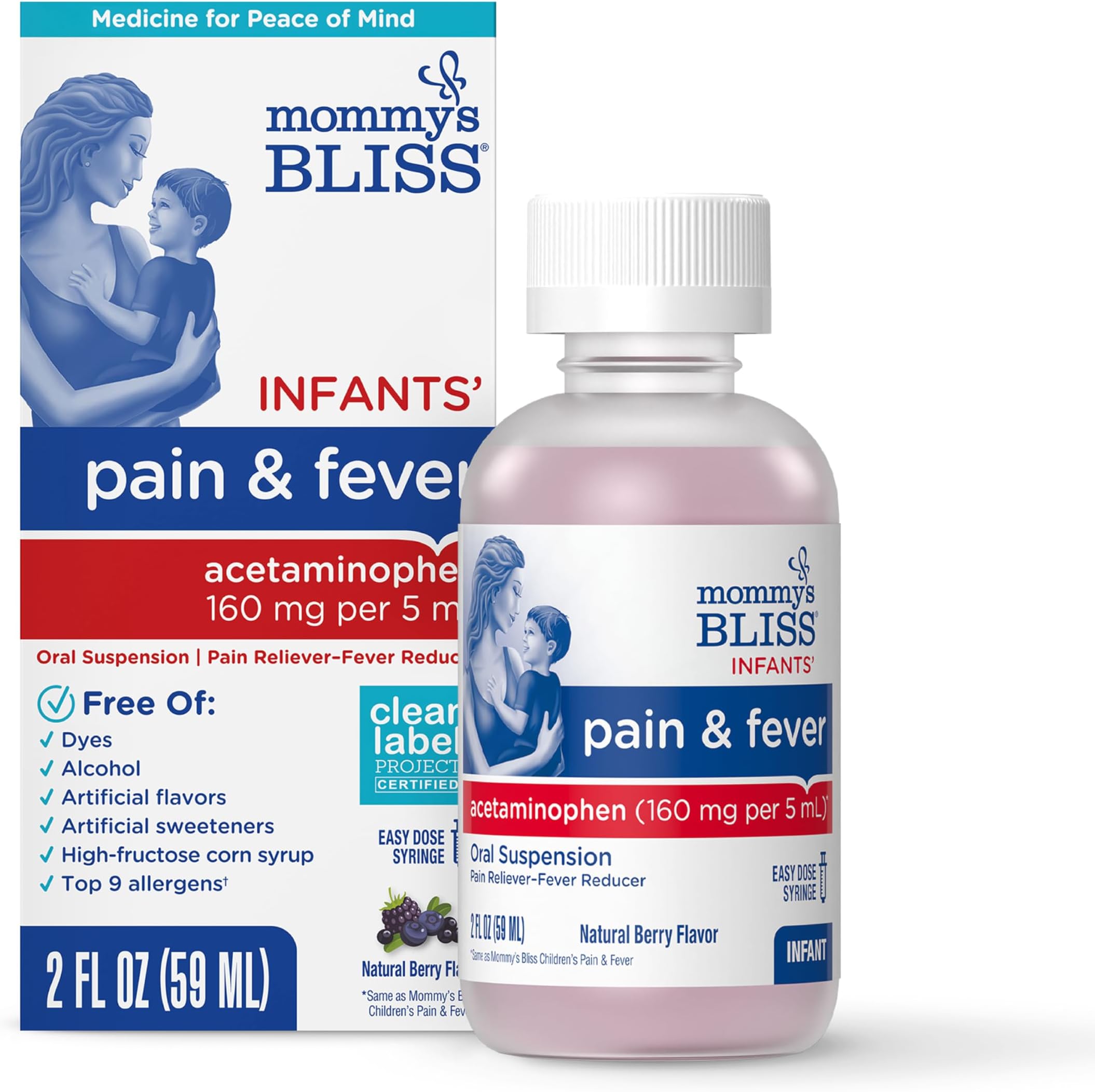 Infants' Pain and Fever Reducer, Baby Acetaminophen, Dye Free, Delicious Mixed Berry Flavor, Ages 2+, 2 Fluid Ounces
