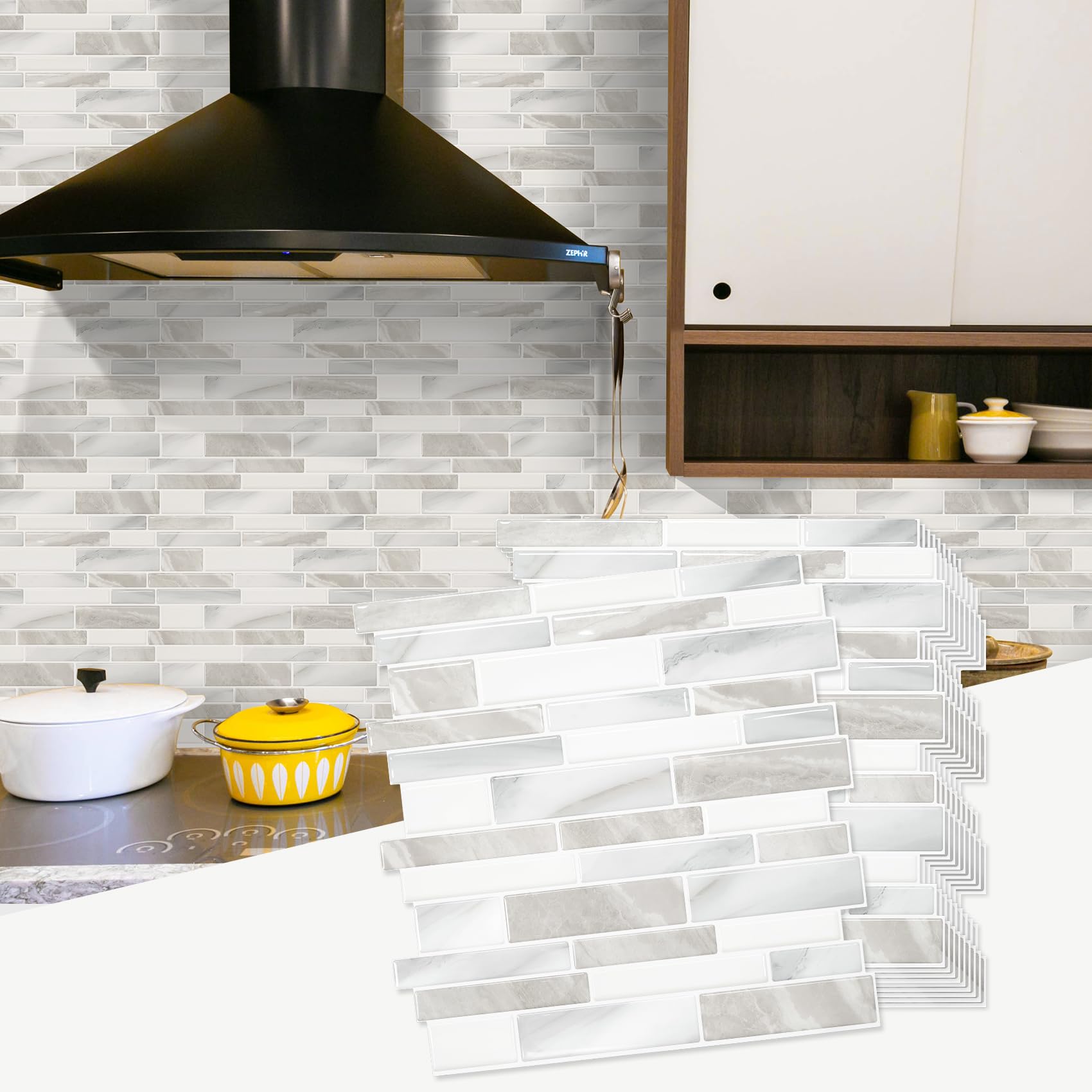 STICKGOO Thicker Design Peel and Stick Tile Backsplash (12×12, 10 Sheets, Glossy Beige Gray White)