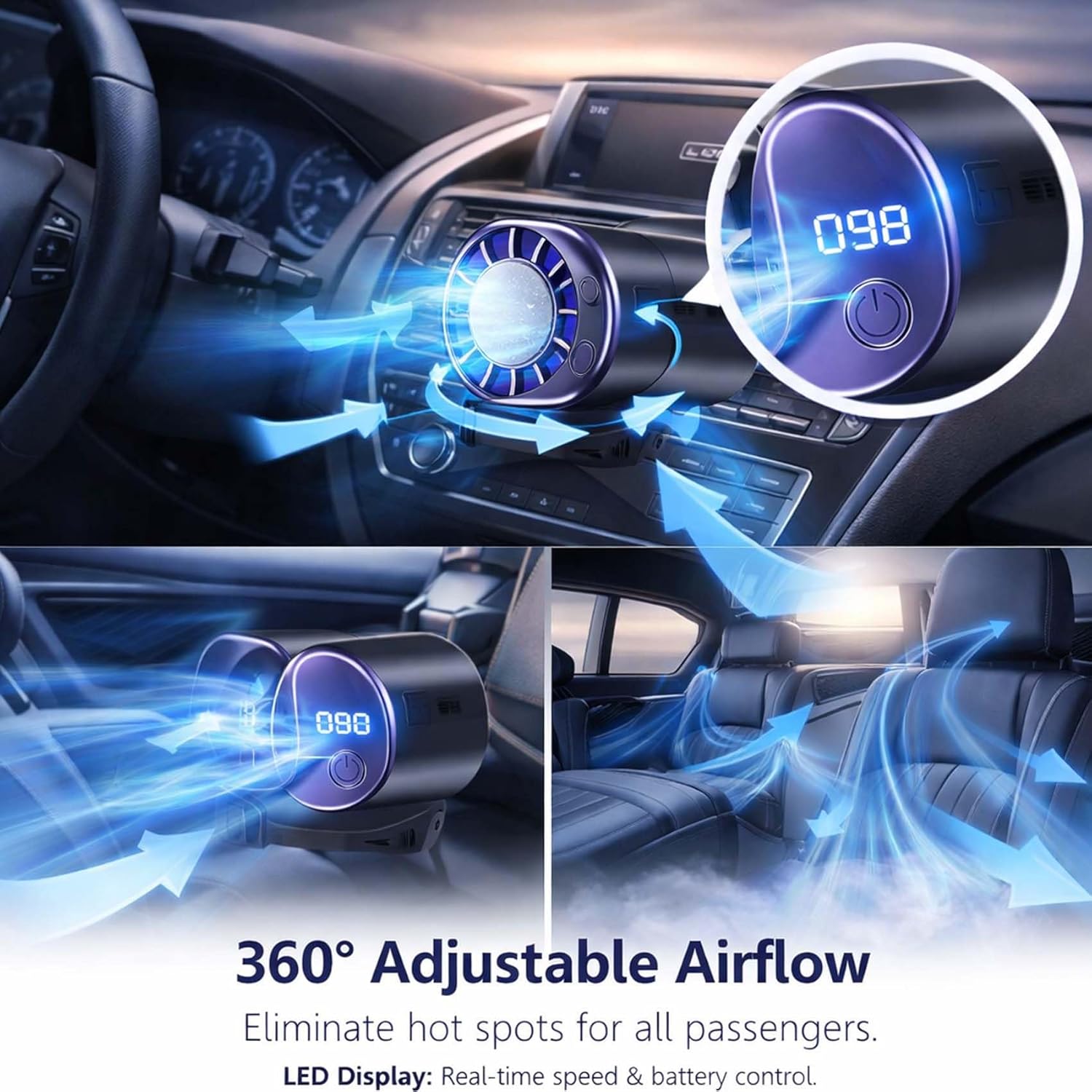 2026 Car Clip On Air Conditioner Fan With Led Display,360° Rotation, 199 Speeds Adjustable,Portable Usb Rechargeable Personal Cooling Mini Fans For Car Vent Office Desk Travel (Black)