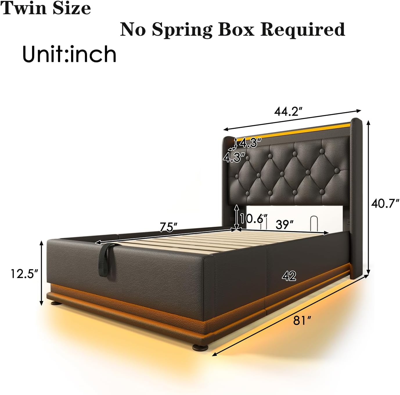Twin Size Lift up Storage Platform Bed with 360 Degree Surround LED Light, Bedroom Upholstered Hydraulic Smart Bed Frame, No Noise, No Spring Mattress Required, Easy to Assemble (Black, Twin)