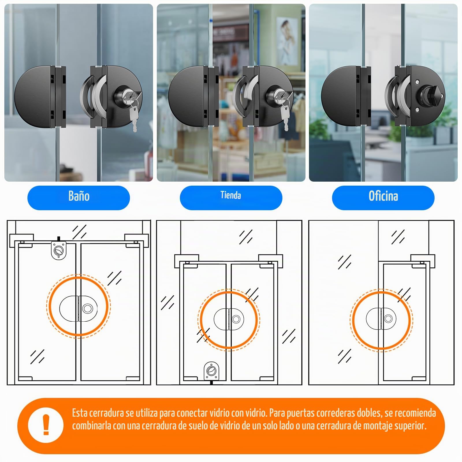 Ranbo Cerradura de Sujeción sin Taladrar para Cristal, Negro Cepillado | Para cristal de 10–12 mm, apertura y cierre con llave, apta para hogar y oficina