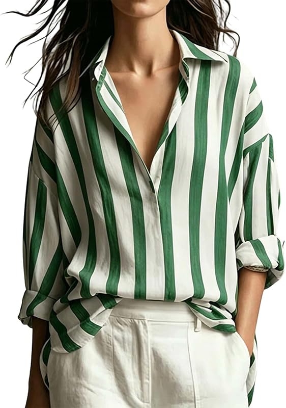 Women Shirts Casual Summer Long Sleeve Relaxed Fit Button Front Blouses Trendy Ruffle Mock Neck Loose Dressy Tops